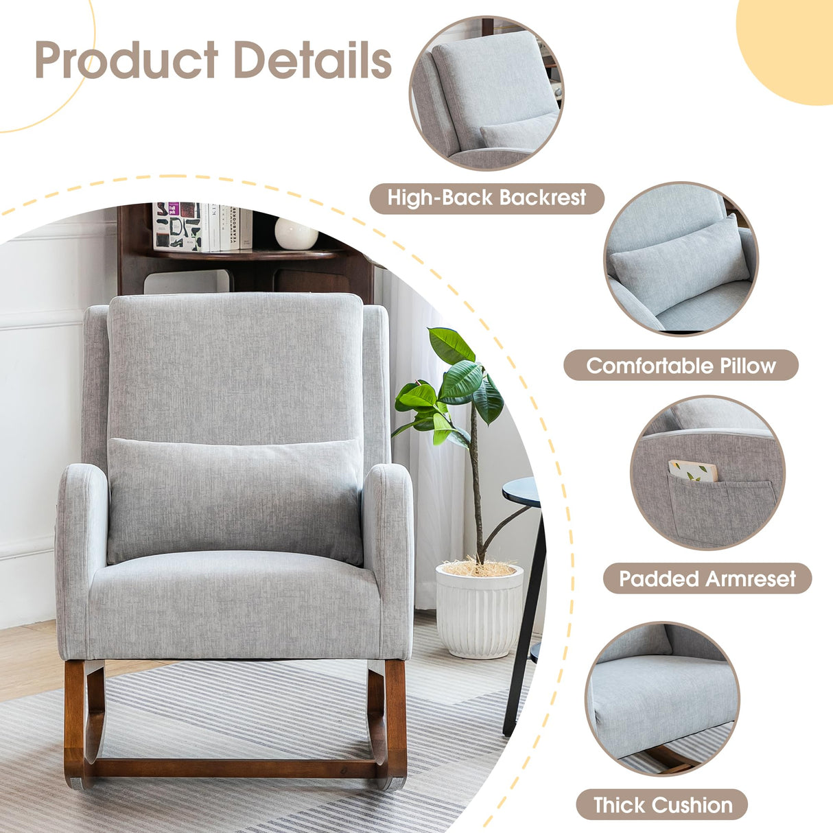COCO DESIGN Rocking Chair Nursery Indoor with Thick Cushion, Modern Design for Living Room, Bedroom, Durable Wooden Frame with Soft Fabric, Comfortable for Reading, Gray COCO DESIGN
