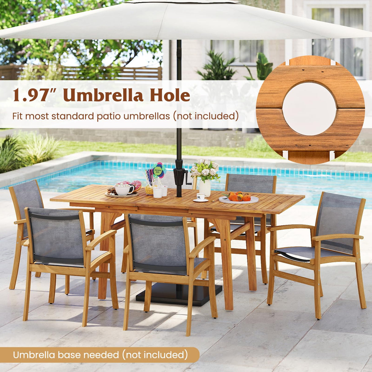 Tangkula Acacia Wood Patio Expandable Dining Table for 6-8, 71 Inches Outdoor Dining Table with 1.97" Umbrella Hole, for Garden, Lawn, Yard and Poolside Tangkula