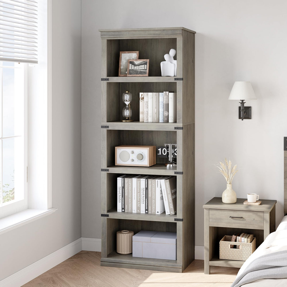 GAOMON 5 Tier Bookcase, Farmhouse Book Shelf with Storage, 67.4 Inch Tall Open Display Bookshelves, Wooden 5 Shelf Bookcase for Living Room, Bedroom - Grey GAOMON