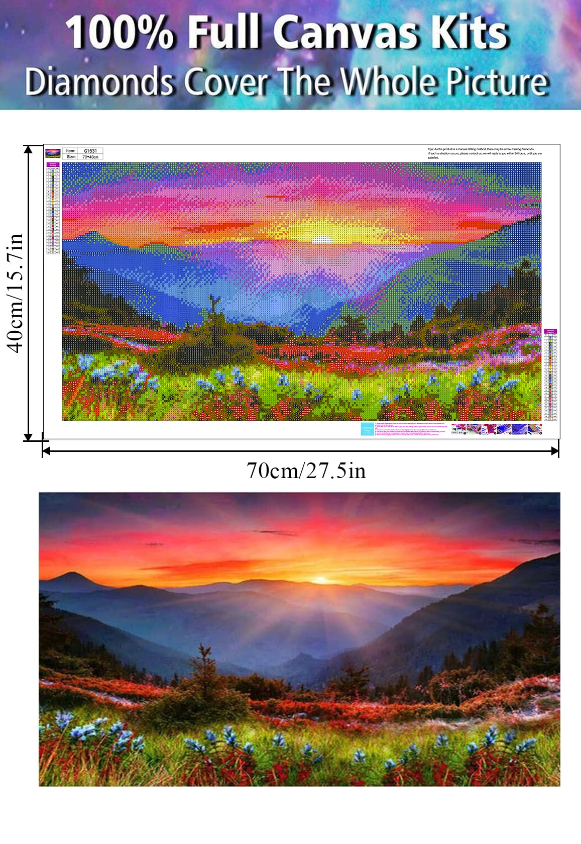 5D Diamond Art Painting Sunset , Large Size Mountain Diamond Painting Kits for Adults ,DIY Full Drill Rhinestone Arts and Crafts,Gem Art Painting with Diamond Home Wall Decor Flower (27.5 X 15.7inch) pchmcu
