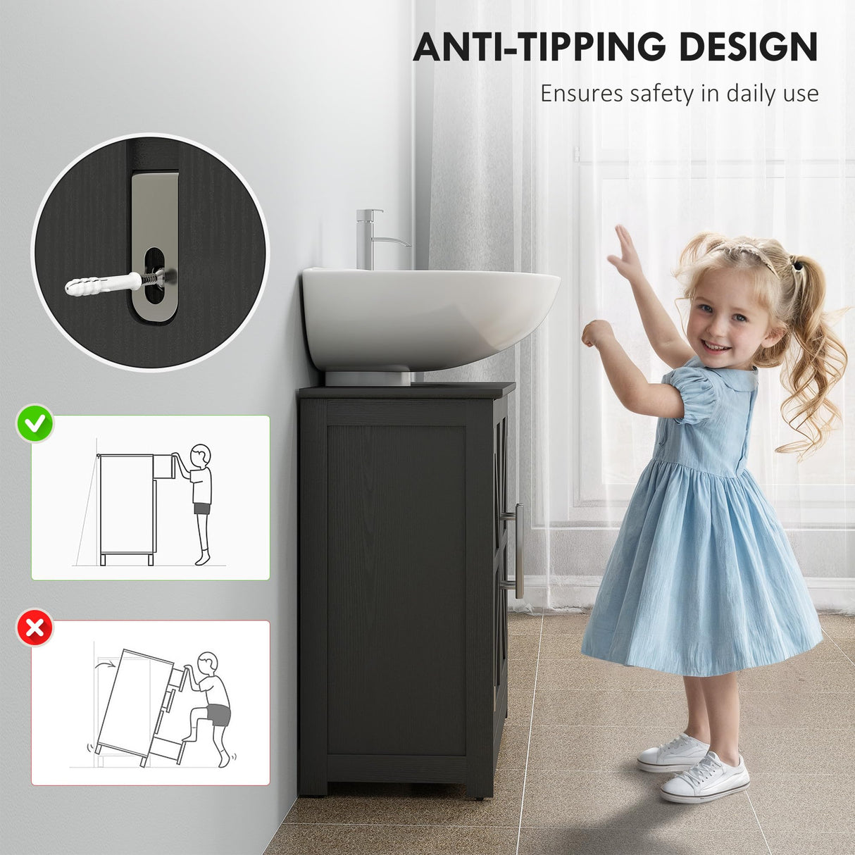 HOMCOM Pedestal Sink Storage Cabinet, Farmhouse Freestanding Bathroom Sink Cabinet with 2 Barn Doors and Adjustable Shelf, Distressed Black HOMCOM