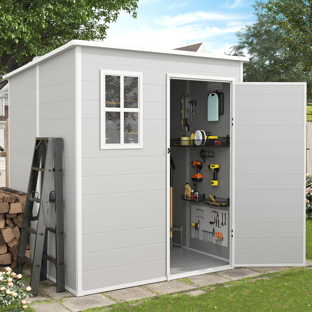 VONZOY Outdoor Storage Shed, 6x6 FT Resin Shed with Floor and Lockable Door, Window & Vents, Tool Sheds & Outdoor Storage for Bike, Garden Accessories, Tools, Waterproof (Grey & White) VONZOY