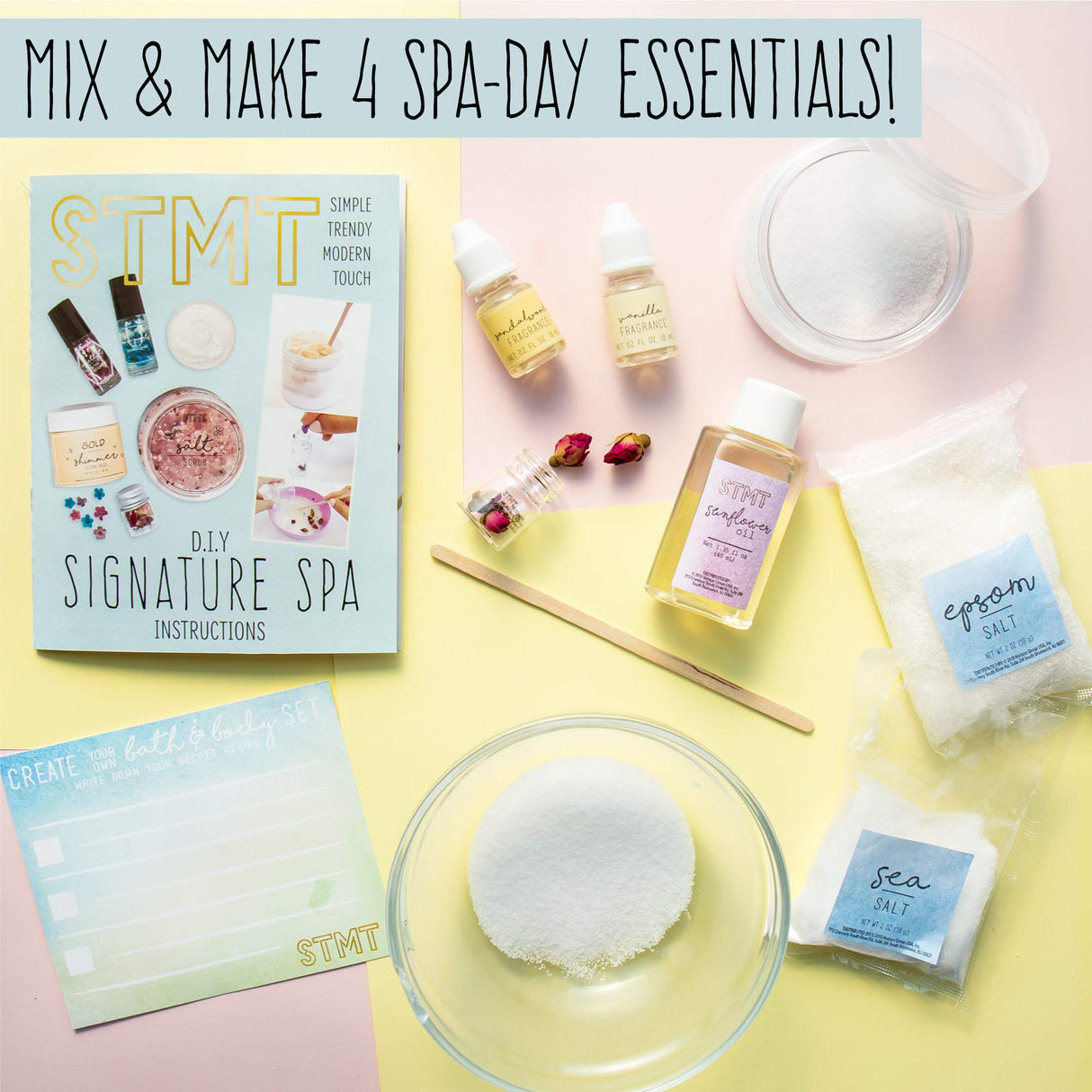 STMT DIY Signature Spa Set by Horizon Group USA, Mix & Make Your Own Spa Supplies with Salt Scrubs, Fragrances & Shimmer Lotions. Multicolored STMT