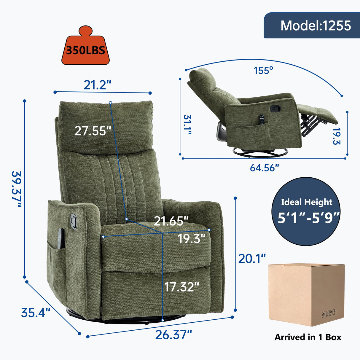 PELUMY Recliner Chair Swivel Rocking with Heat Massage - 360° Manual Recliner, 8-Point Vibrating & Lumbar Heat, Easy Assembly Chair for Living Room (Chenille, Green) PELUMY