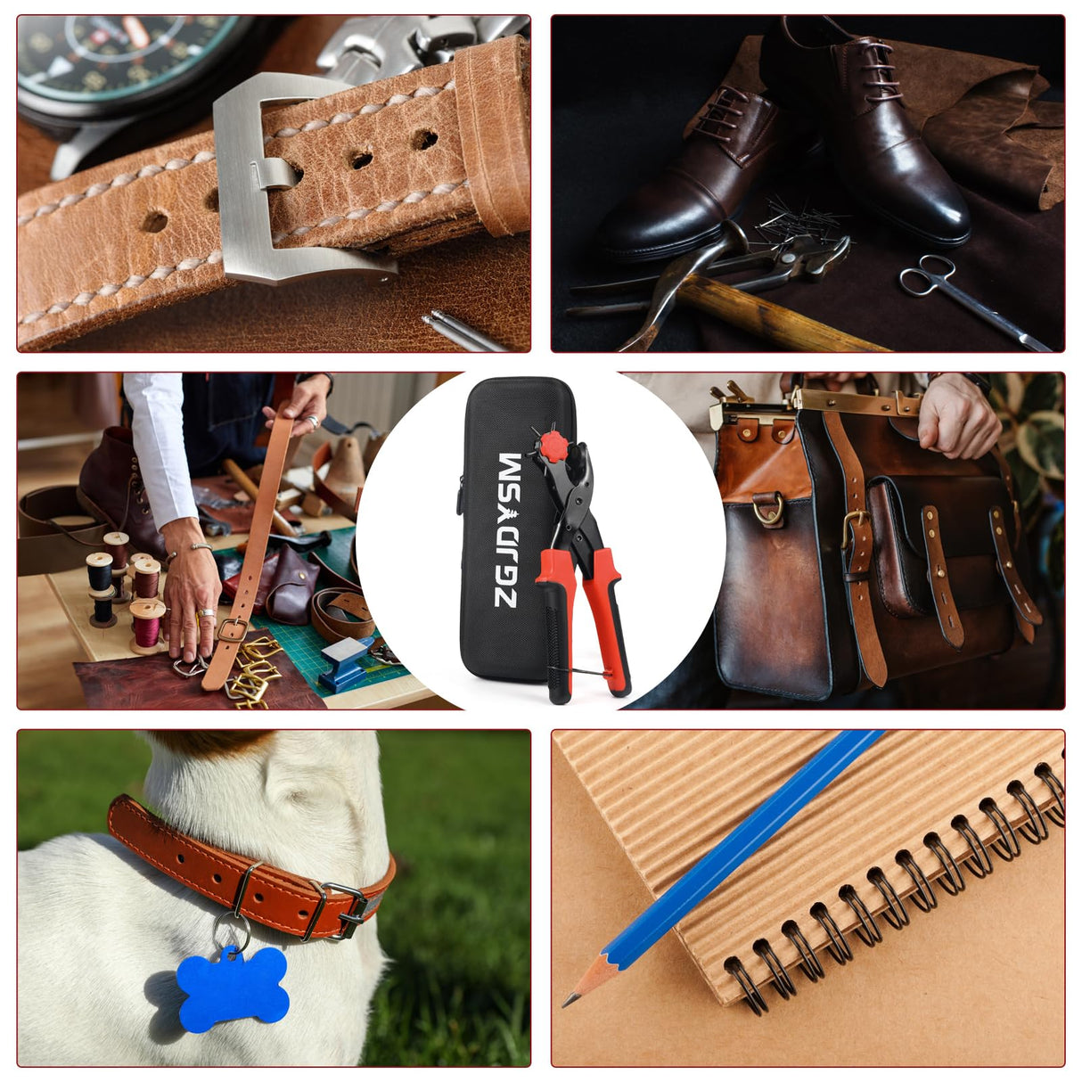 Leather Hole Punch Tool Set, Multi Hole Sizes Puncher, Revolving Punch Plier Kit for Belts, Watch Bands, Handbag Straps, Dog Collars and More ZGJDYSM