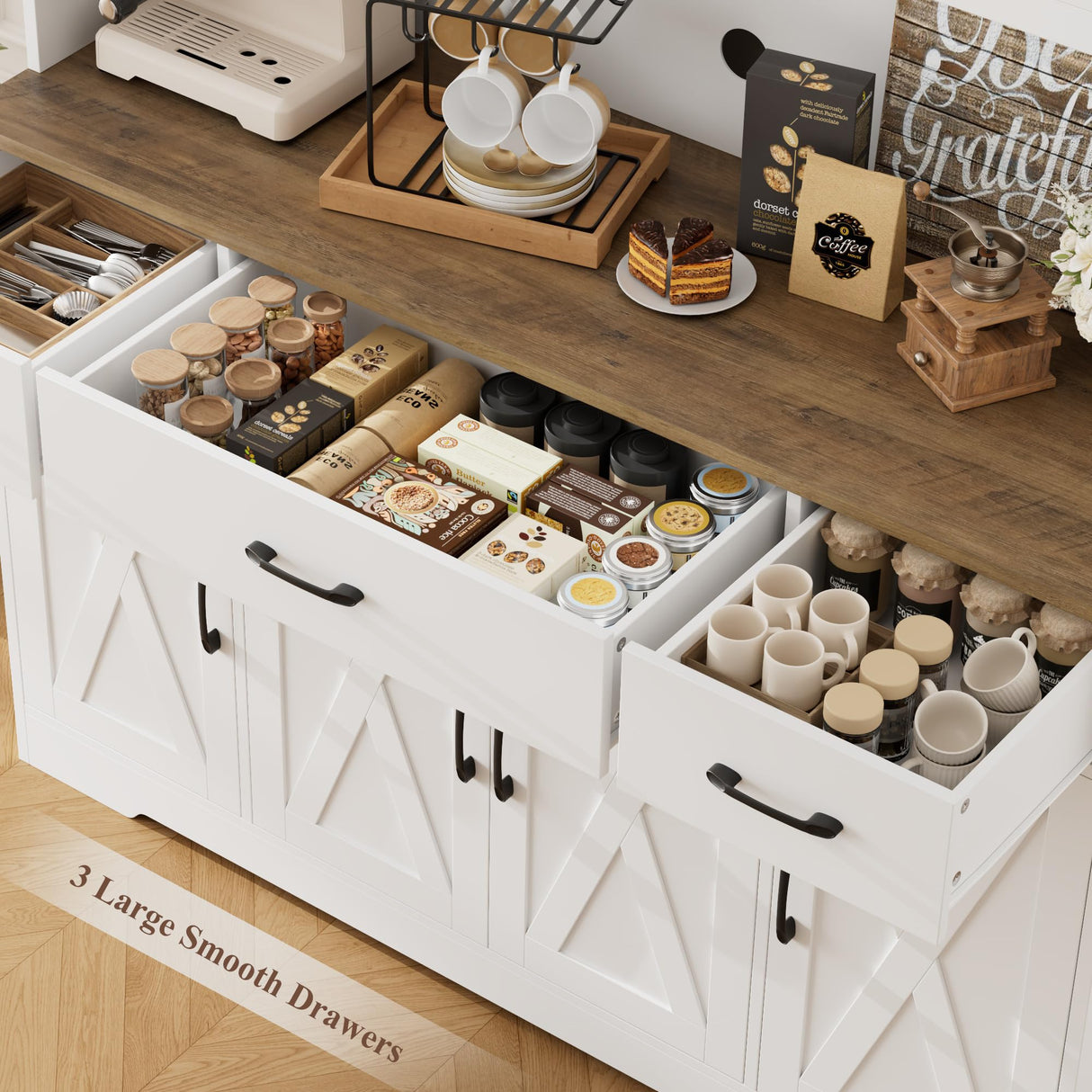 HOSTACK 71" Tall Kitchen Pantry Storage Cabinet with Charging Station, 55" Wide Kitchen Hutch Cabinet with Large Countertop, Farmhouse Food Pantry with Drawers for Living Room, White HOSTACK