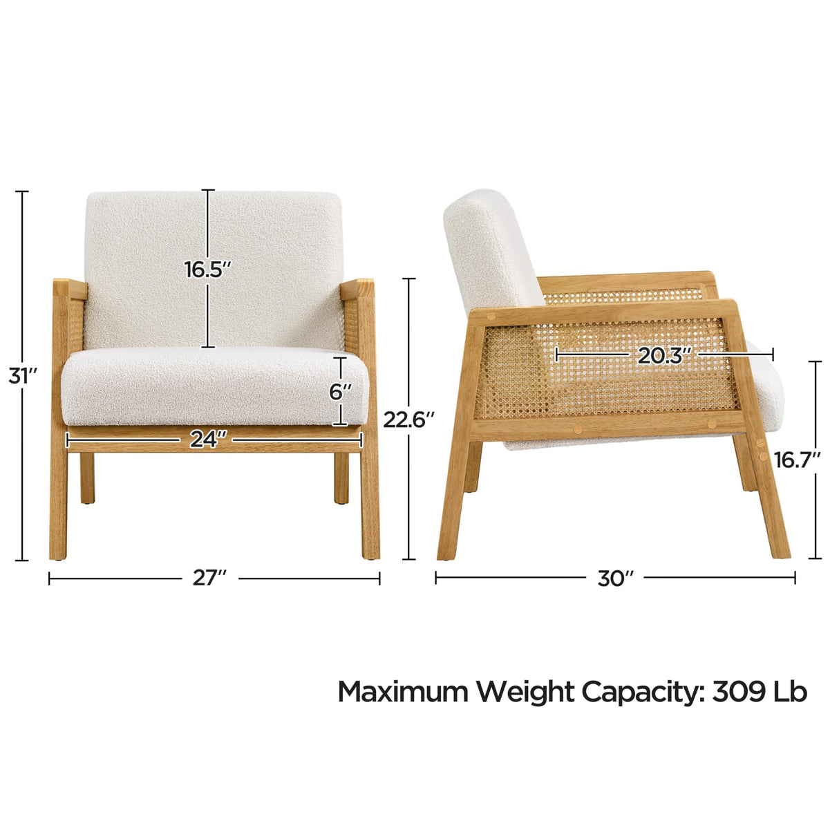 Yaheetech Boucle Fabric Accent Chair, Vintage Rattan Vanity Chair with Wood Armrest and Legs for Living Room Bedroom Makeup Room, Ivory 1 Yaheetech