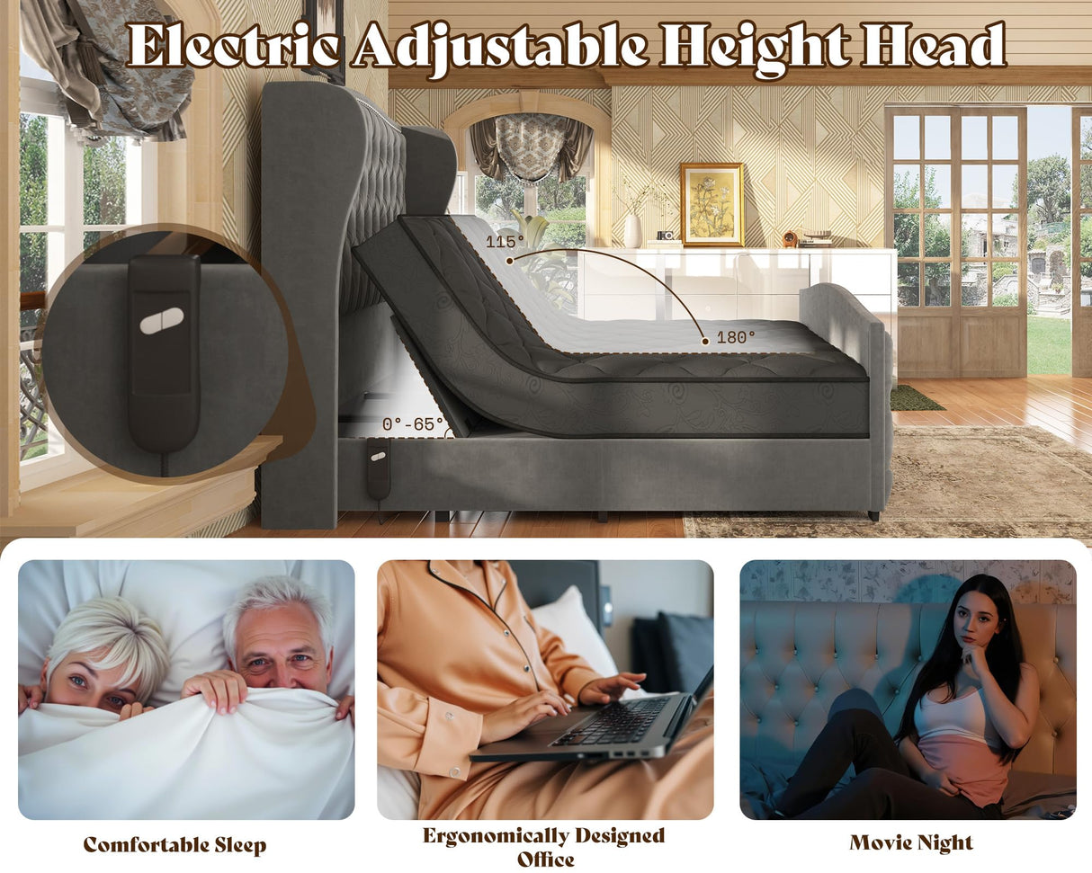AMERLIFE King Size Adjustable Bed Frame with 51" H Velvet Upholstered and Deep Button Tufted Headboard, Electric Bed with Dual Motor/Nailhead Trim Wingback, No Box Spring Needed, Grey AMERLIFE