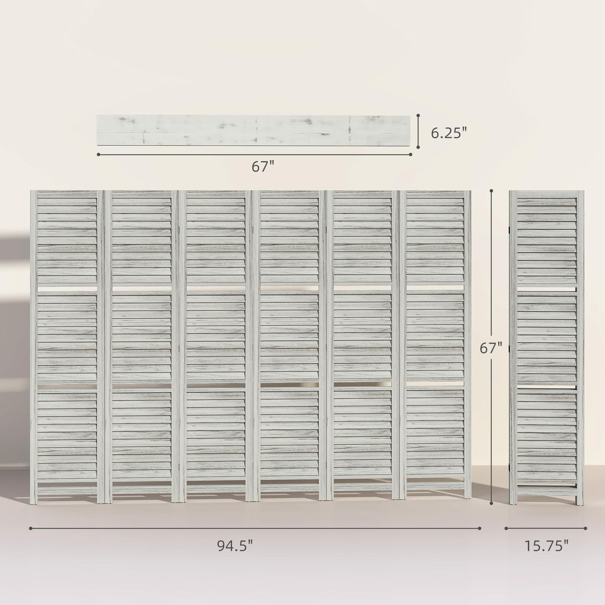 HOMCOM Room Divider, 6 Panel 67" Tall Wood Privacy Screen with 3 Display Shelves, and Folding Storage for Bedroom or Home Office, Distressed White HOMCOM