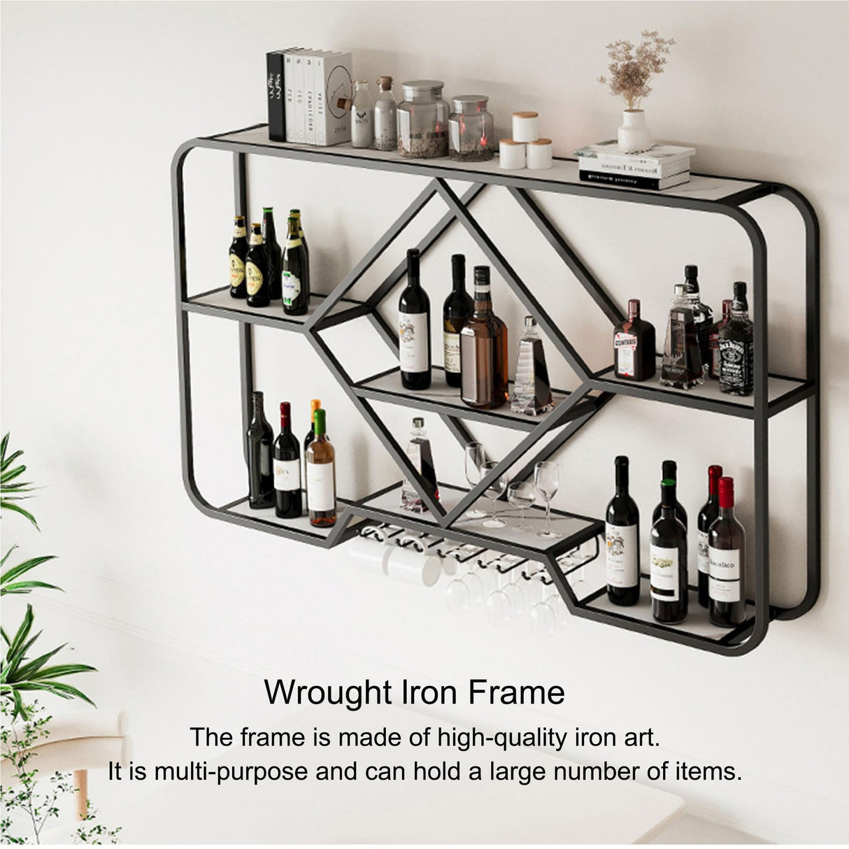 JOSIAHCQ Wine Rack Floating Bar Shelves Wall Mounted with Hanging Wine Glass Holder Liquor Cabinet Bottle Display Shelf Kitchen Shelf with Light Strip for Home Bar JOSIAHCQ
