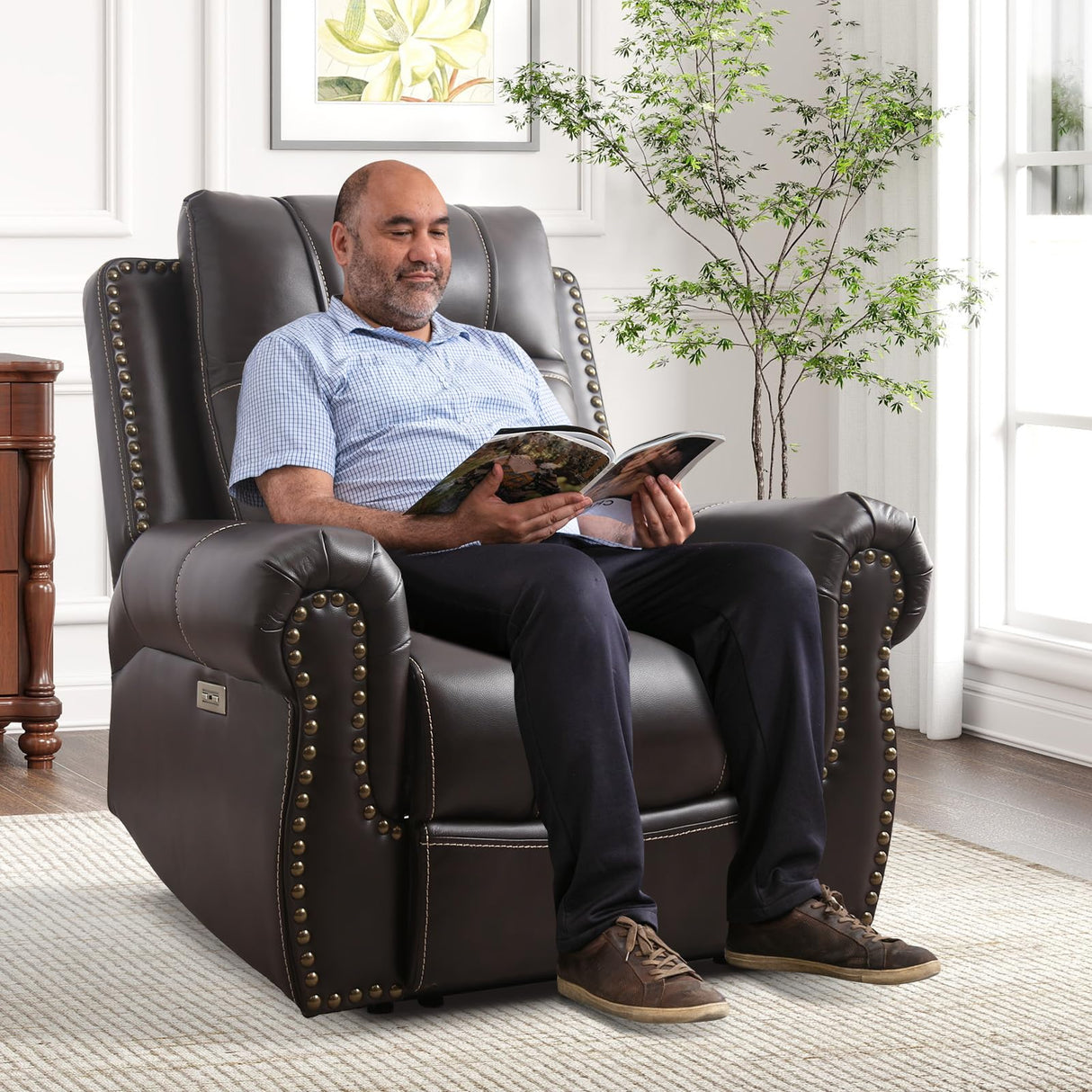 HAOMARKETS Classic Oversized Power Recliner Chair with with Rivets, Breathable Faux Leather Electric Recliner with USB Port, Overstuffed Reclining Sofa for Living Room, Dark Brown HAOMARKETS