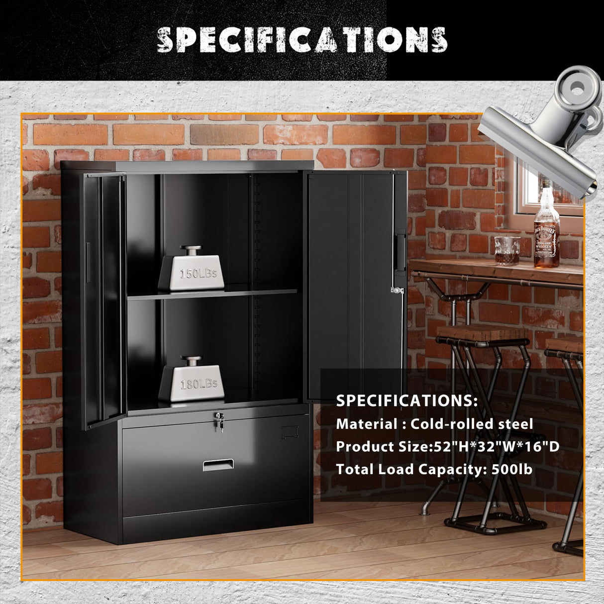 Greenvelly Metal Storage Cabinet,Black Steel Lockable Lateral File Cabinet with Doors and Shelves for Home Office Hanging Files Letter/Legal/F4/A4 Size Greenvelly