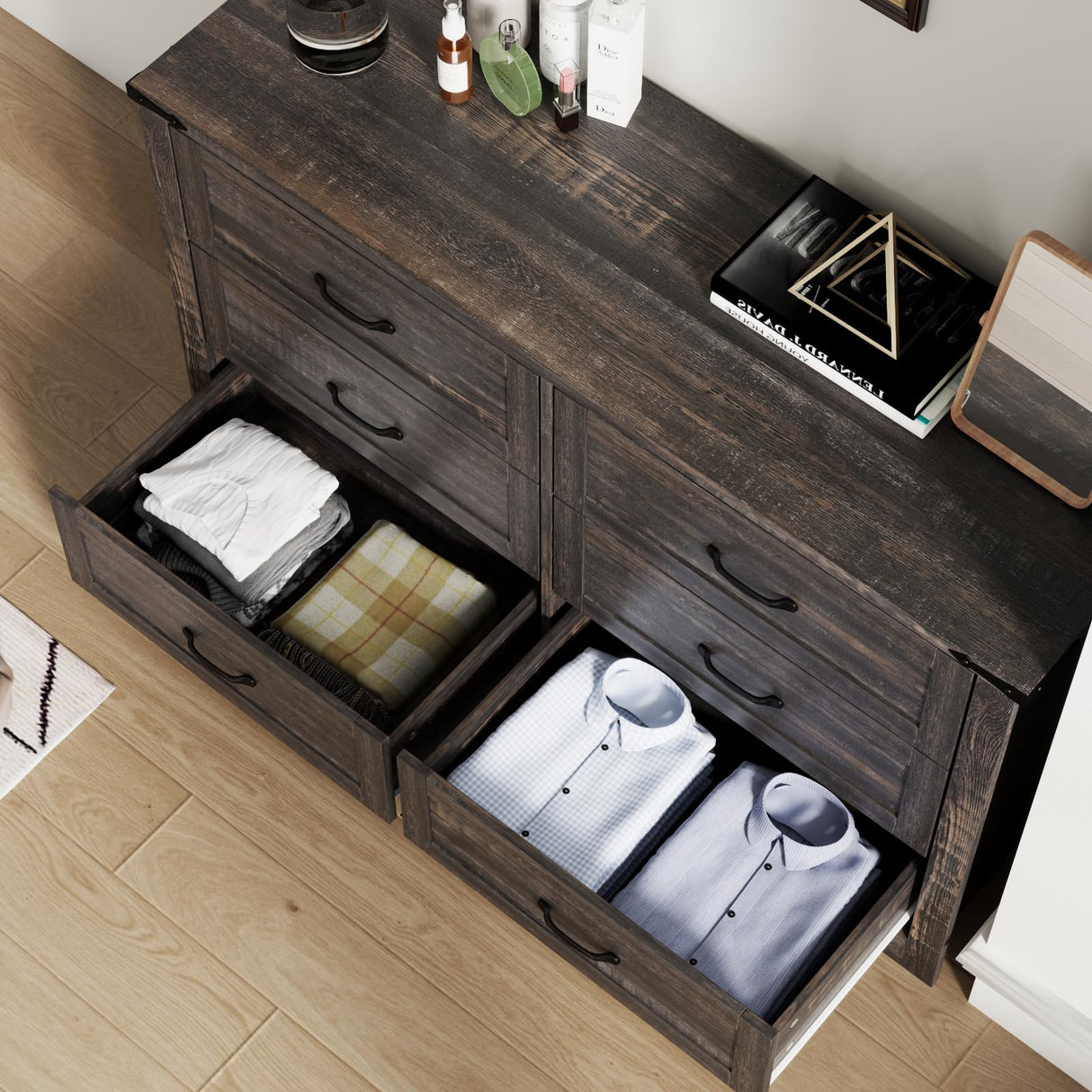 Loomie Farmhouse 6 Drawers Double Dresser for Bedroom, Modern White Dresser Chest of Drawers, Wide Dressers Organizer, Accent Storage Cabinet for Closet, Living Room, Hallway, Dark Rustic Oak Loomie