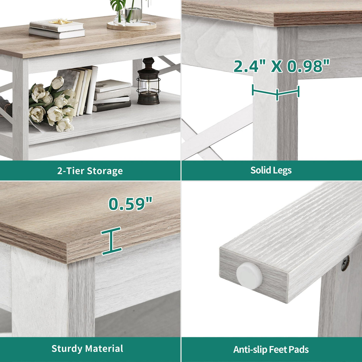 YITAHOME Coffee Tables for Living Room, Modern Farmhouse Coffee Table with Storage, 2-Tier Center Table Wood Living Room Table Accent Cocktail with Sturdy Frame, Grey Wash YITAHOME