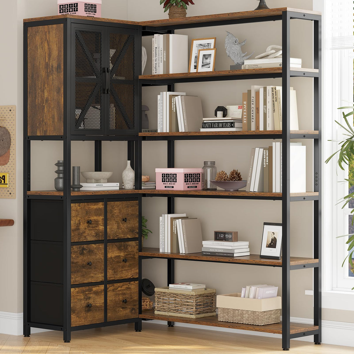 HAUOMS Corner Bookshelf, 6 Tier Industrial Convertible Bookshelf with 6 Fabric Drawers, Corner Bookcase Large L Shaped Storage Display Shelf for Home Office, Living Room, Kitchen, Rustic Brown HAUOMS