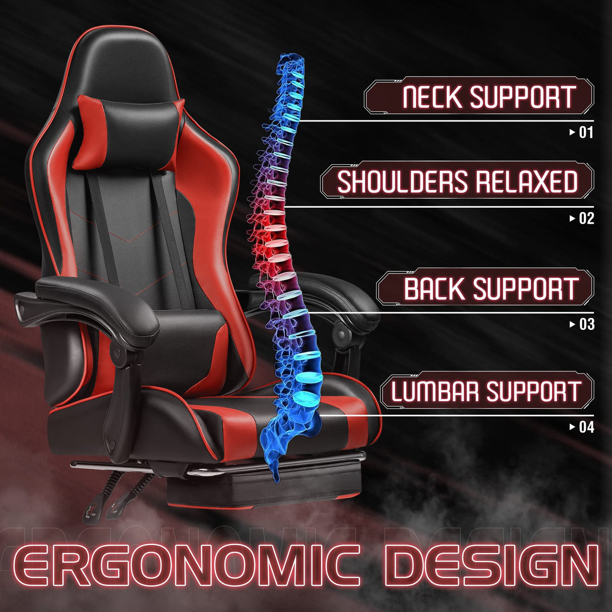 Homall Gaming Chair, Video Game Chair with Footrest and Massage Lumbar Support, Ergonomic Computer Chair Height Adjustable with Swivel Seat and Headrest (Red) Homall