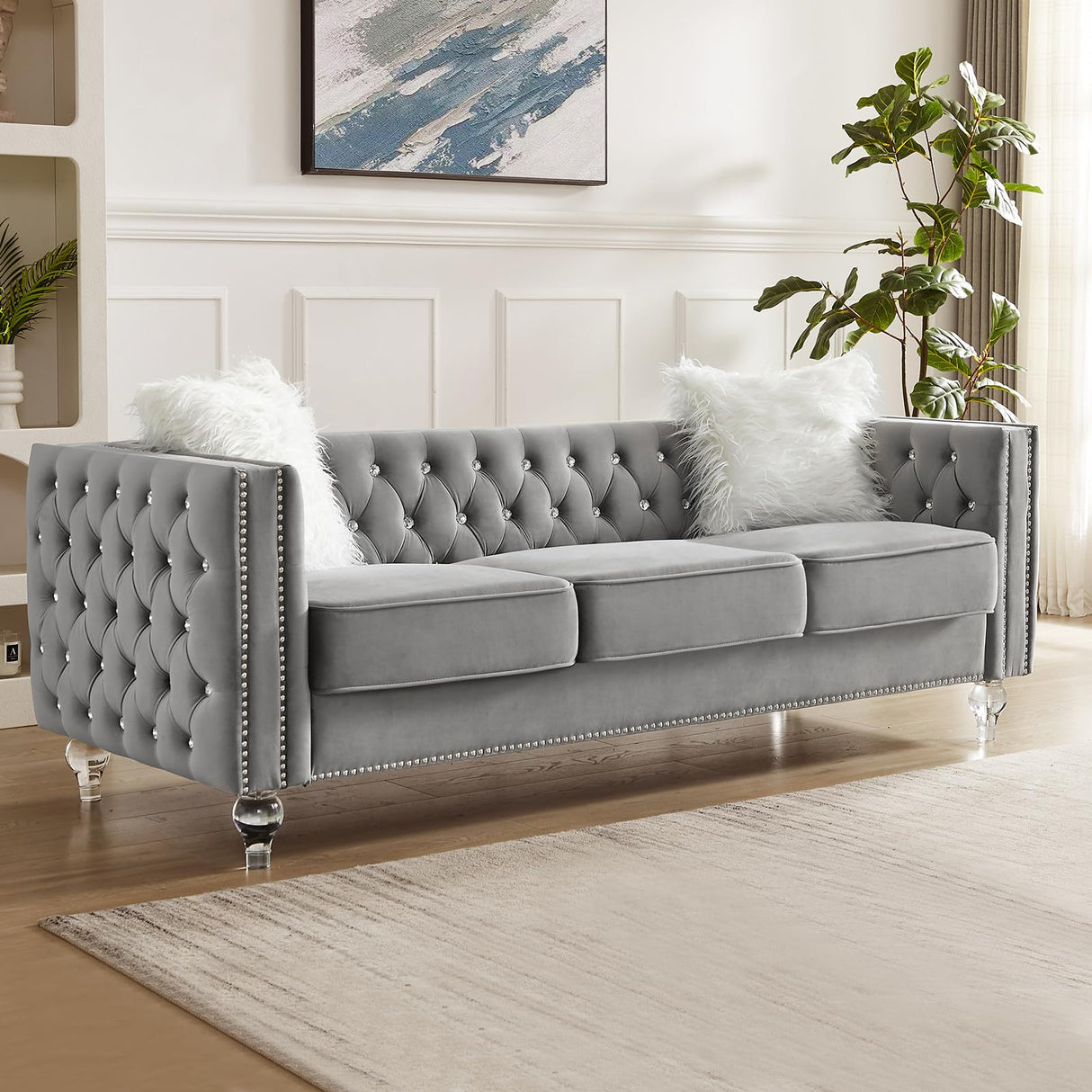 Homies Life 83" Chesterfield Sofa, Velvet Mid-Century Modern Upholstered Couch with 2 Throw Pillows and Acrylic Legs, Nailhead Button Tufted Vintage Sofa for Living Room, Apartment, Office, Grey Homies Life