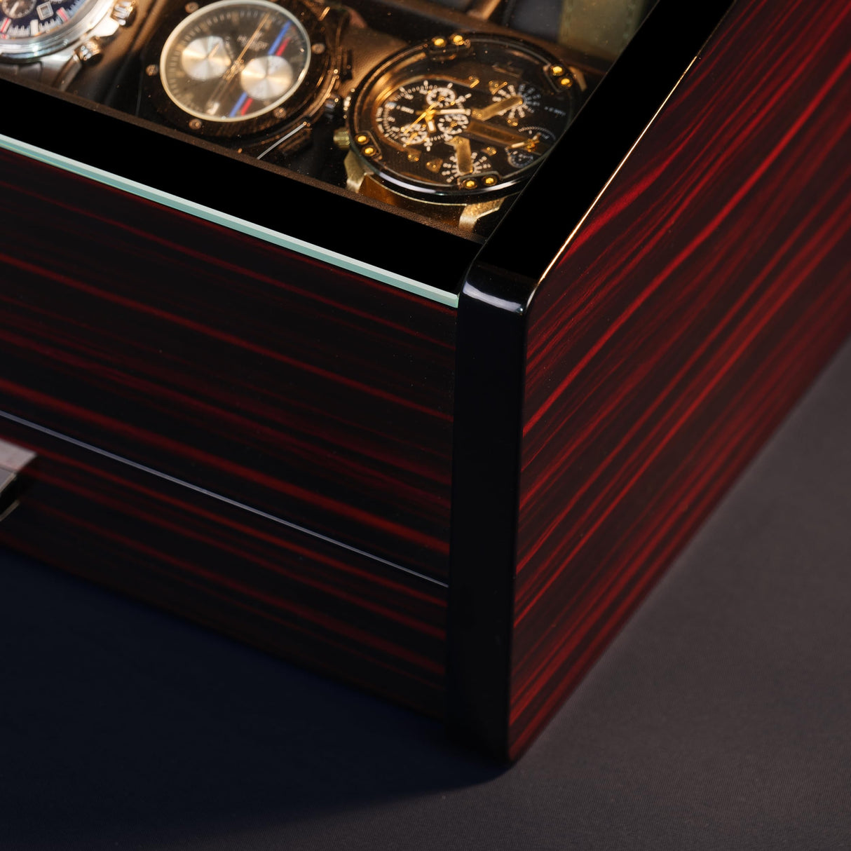 Woodronic Watch Organizer Case, 10 Slots Wood Watch Box Display Holder with Storage Drawer and Pillows, Glossy Finish, Glass Top and 2-Tiered Design, Gift for Men (Flat-top) Woodronic