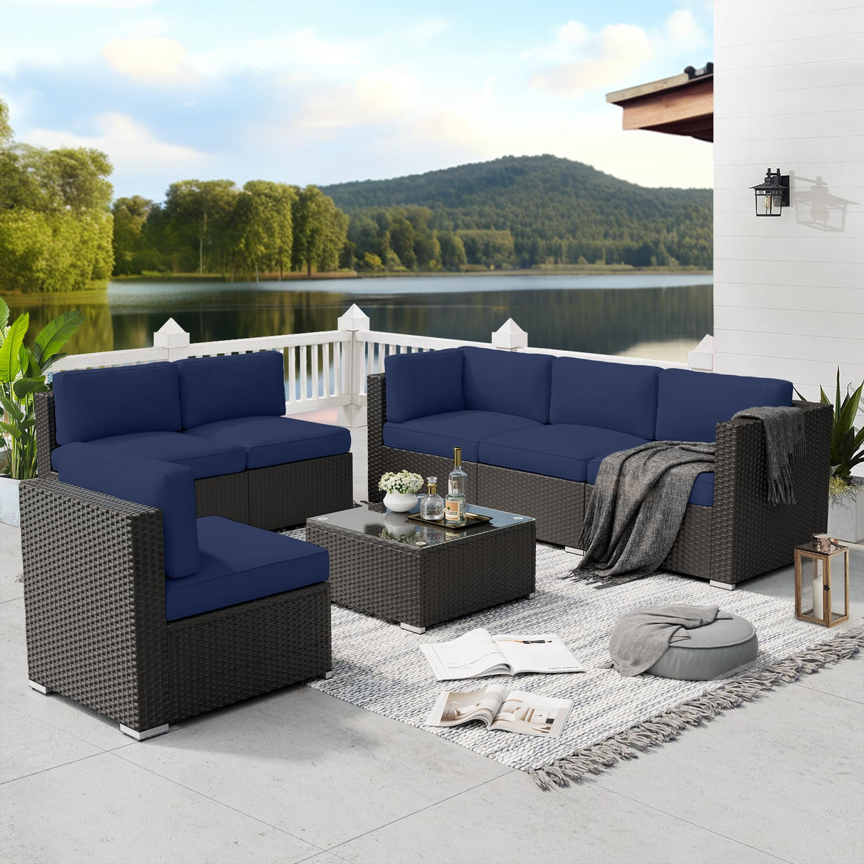 SUNCROWN 7-Piece Outdoor Patio Furniture Sofa Set All-Weather Wicker Sectional Conversation Set with Modern Glass Coffee Table and Cushions-Dark Blue SUNCROWN
