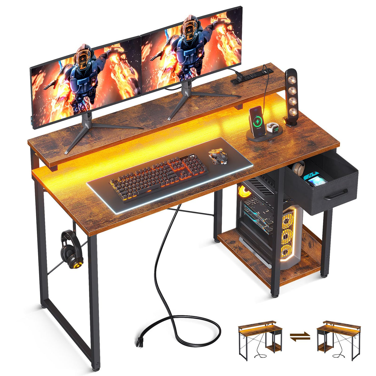 AODK Gaming Desk with LED Lights & Power Outlet, 48 Inch Computer Desk with Drawer, Reversible Desk with Adjustable Monitor Shelf & Headphone Hook for Home Office, Rustic Brown AODK