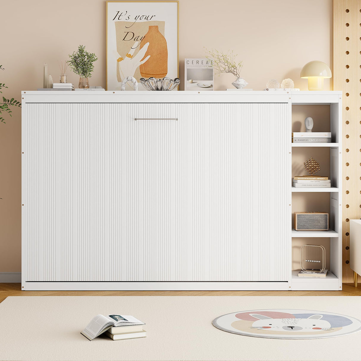 HABITRIO Full Size Murphy Bed, Wooden Wall Cabinet Bed with Bookshelf, White HABITRIO