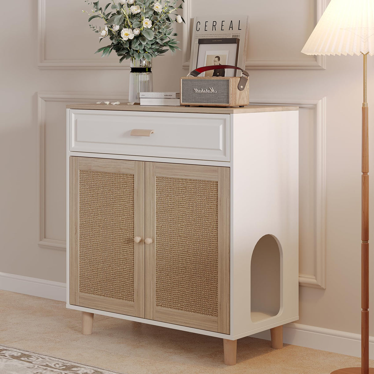 Cat Litter Box Enclosure Furniture Hidden Indoor 2-in-1 Wooden Cat House & Washroom Cabinet with Scratching Board Doors and Drawer, 31.5"x15.7"x34.6"H Faceket