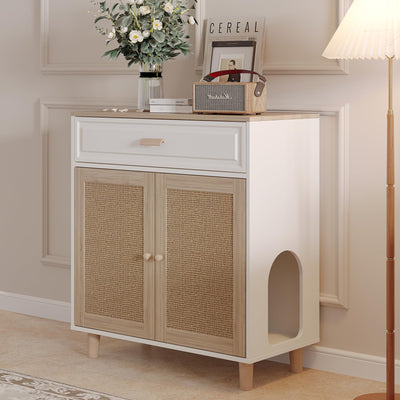 Cat Litter Box Enclosure Furniture Hidden Indoor 2-in-1 Wooden Cat House & Washroom Cabinet with Scratching Board Doors and Drawer, 31.5"x15.7"x34.6"H