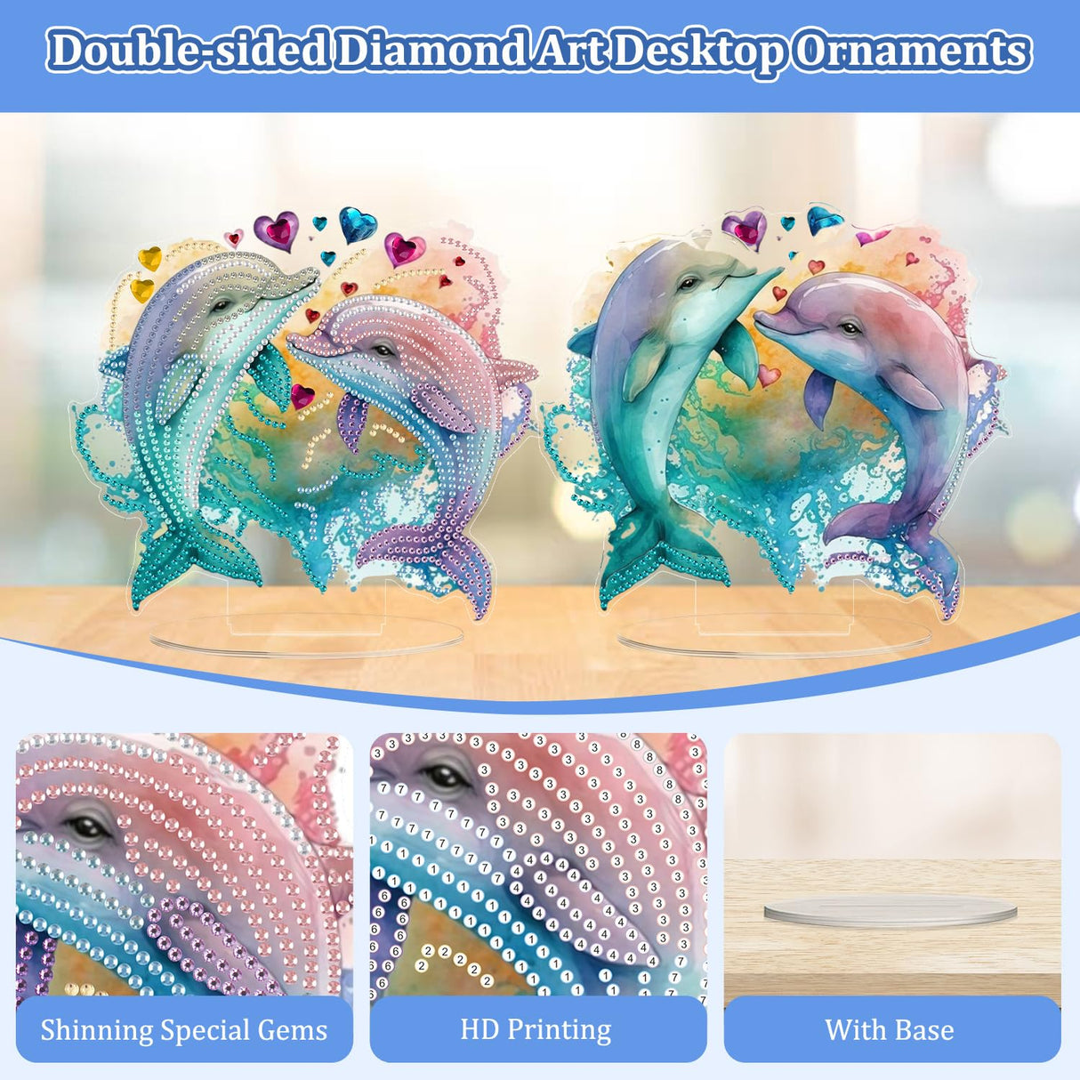 Bowetile Dolphin Diamond Art Desktop Ornaments Kits for Adults Beginners, 5D Special Shape Diamond Art Painting Animals Tabletop Ornaments, Crystal Gem Art Painting for Home Table Decor Crafts Gift Bowetile