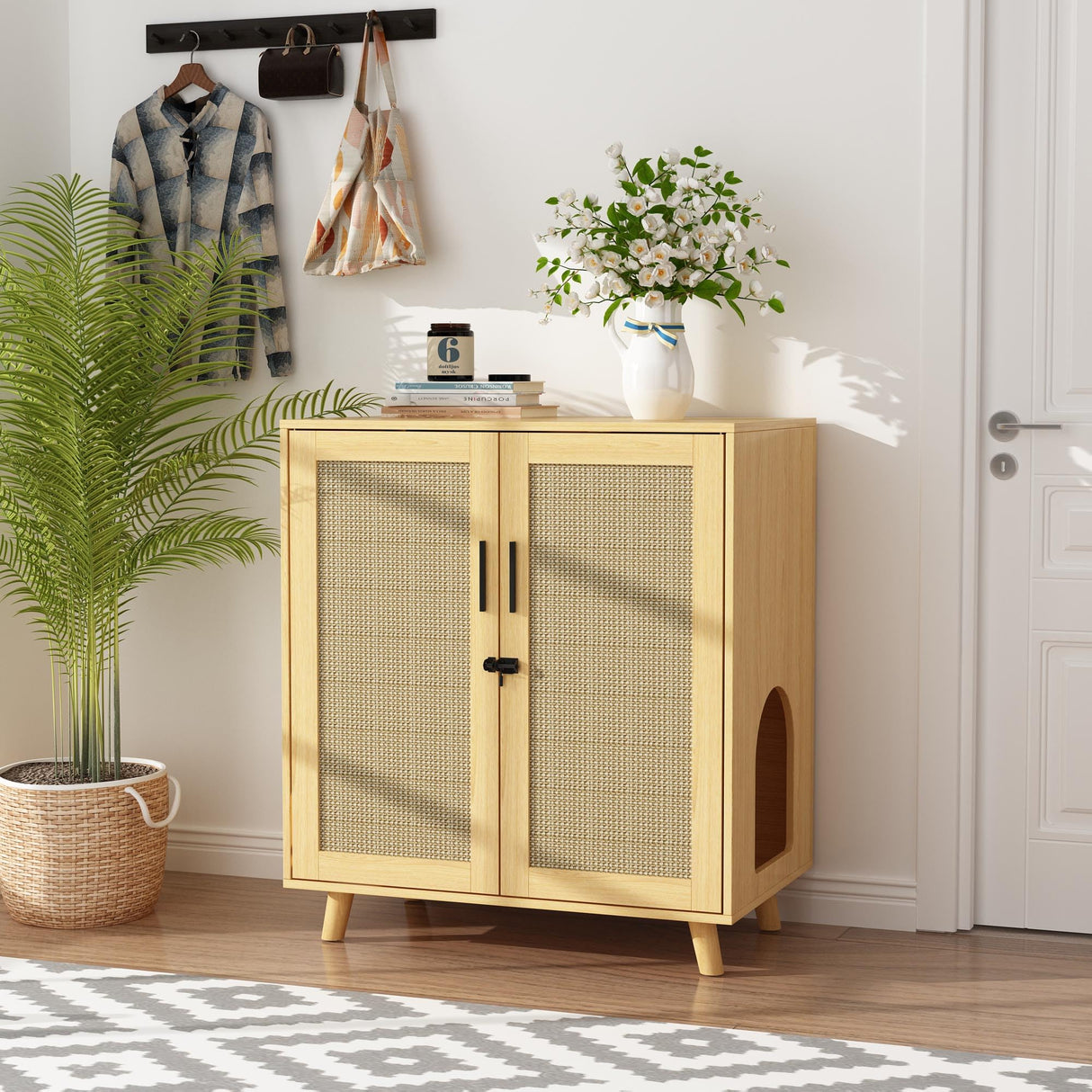 DAWNSPACES Large Cat litter Box Enclosure, 2 In 1 Hidden Cat Washroom Furniture with Sisal Covered Doors, 2 Layers Wooden Cat Cabinet with Adjustable Shelf, Side Table TV Stand for Living Room,Natural DAWNSPACES