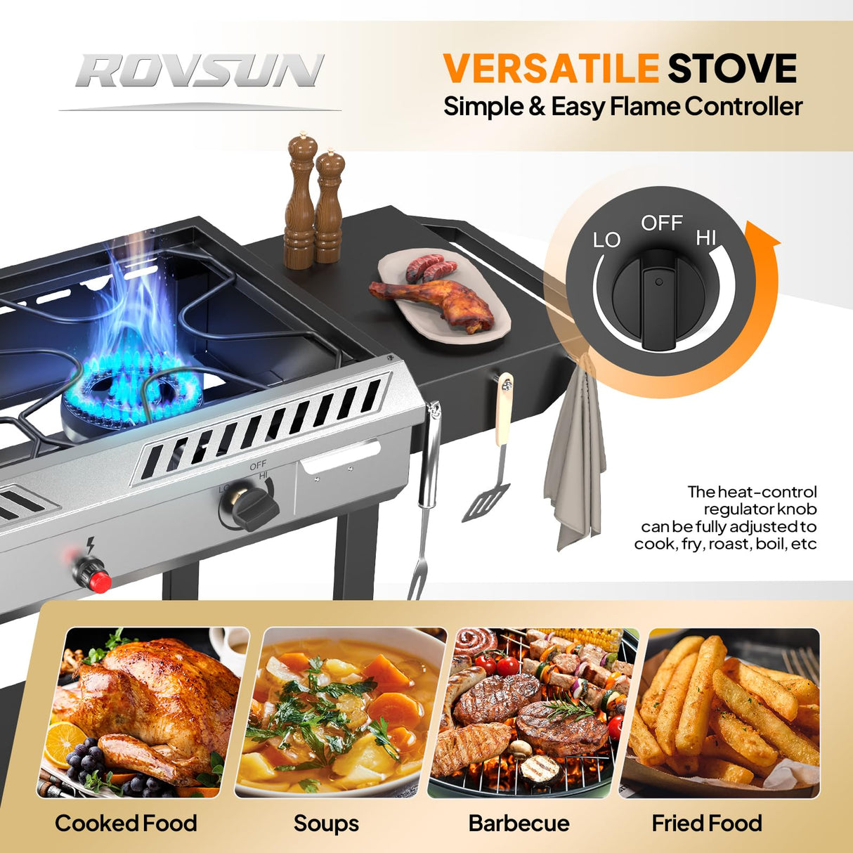 ROVSUN 2-in-1 Propane Stove & 30'' Griddle Combo with Ignition, 2 Burner 150,000 BTU Gas Stove & Grill with Side Shelves, Rolling Wheel & Regulator for Home Outdoor Backyard Camping Cooking Grilling ROVSUN