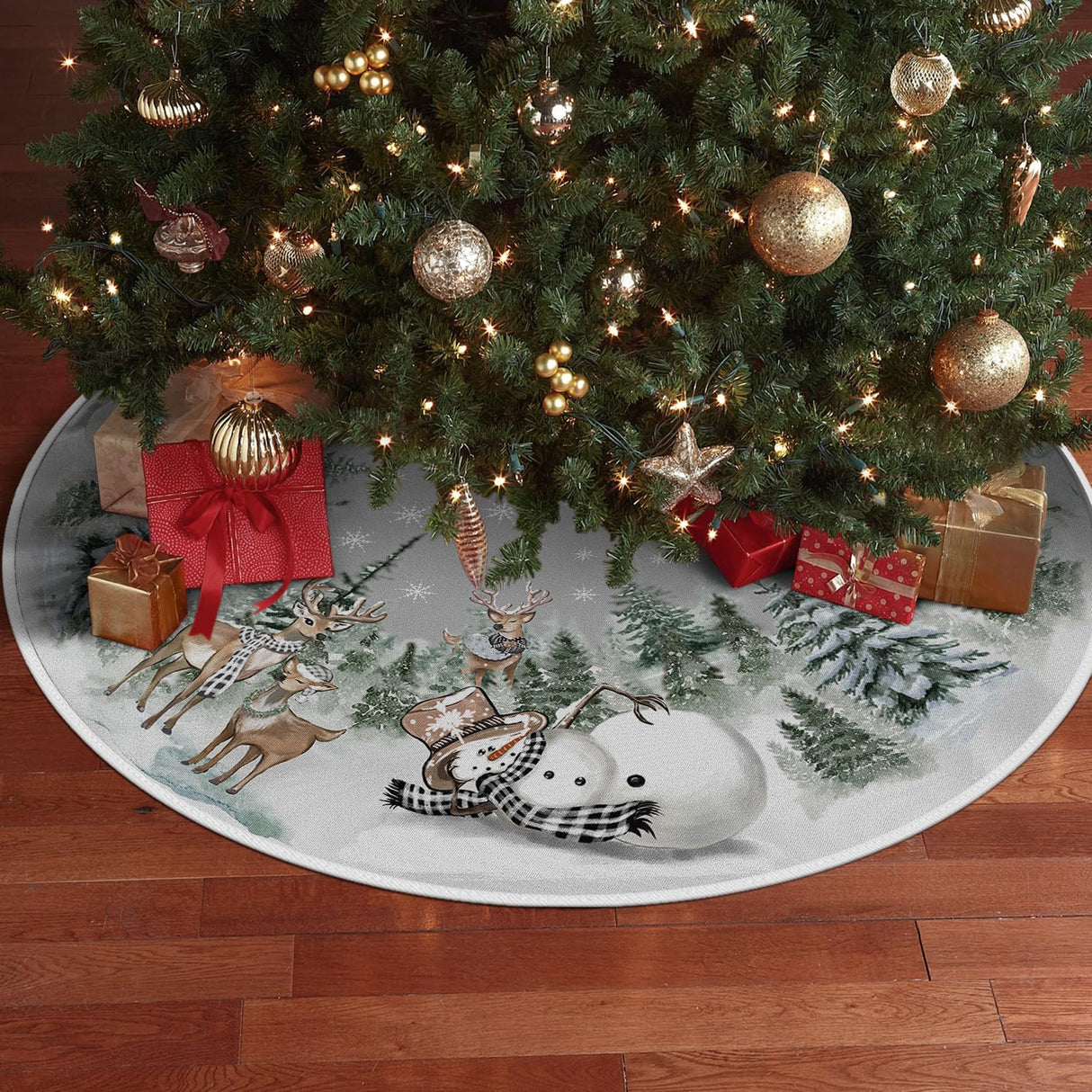 AVOIN colorlife Snowman Reindeer Snowflake Christmas Tree Skirt 48 Inch, Winter Holiday Tree Mat Decoration AVOIN colorlife