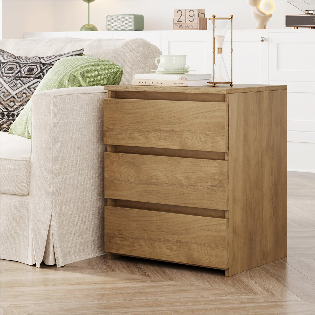 FOTOSOK Nightstand Set of 2 Nightstand with 3 Drawers, Bedside Table Night Stand for Bedroom with Cut-Out Handle, Sofa Side Table 3 Drawer Nightstand for Bedroom, 17.7W*15D*21.7H, Wooden Grain FOTOSOK