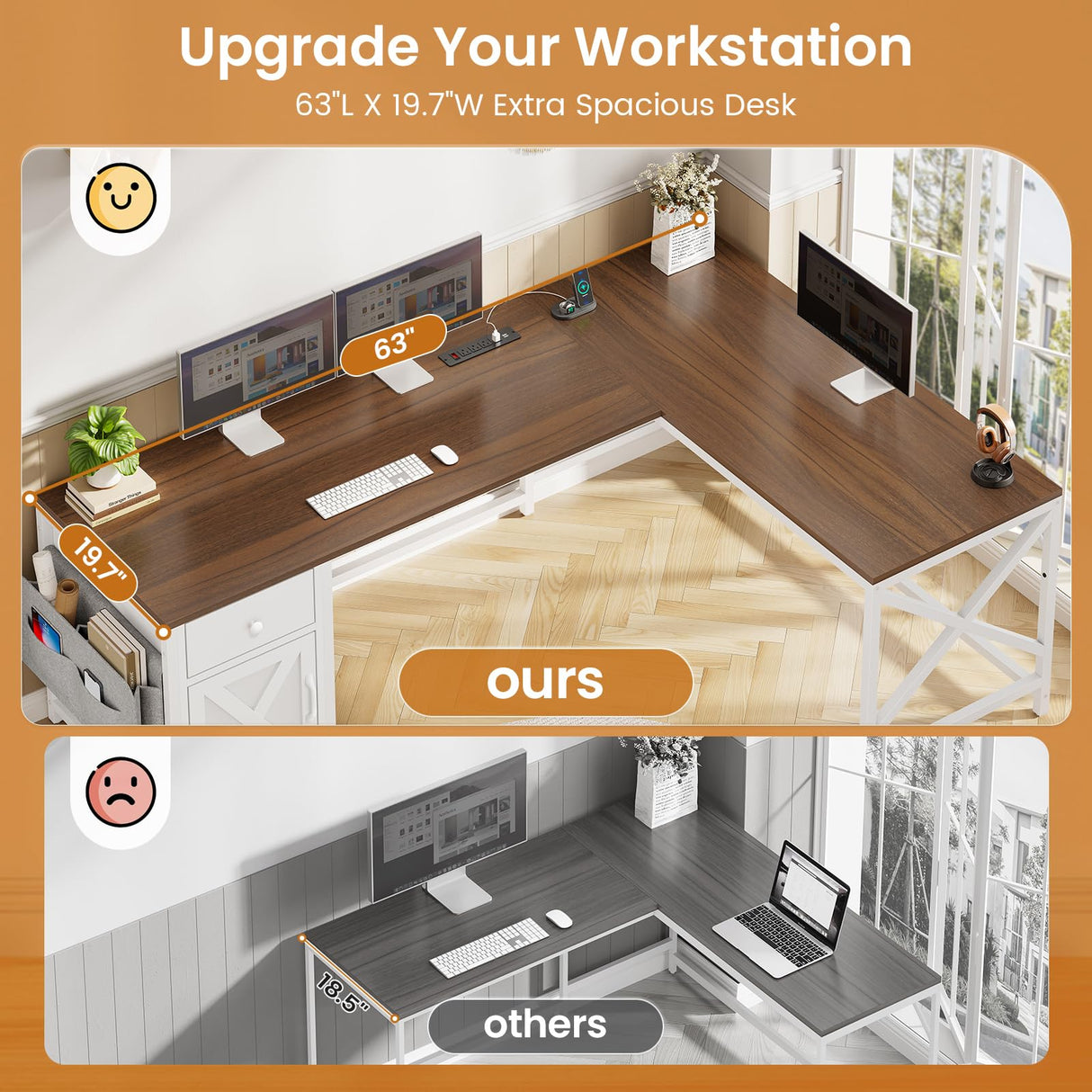 SEDETA 63" L Shaped Desk, Convertible Corner Office Desk with Drawer, Farmhouse Computer Desk with Power Strip & Storage Cabinet for Home Office, Brown & White SEDETA