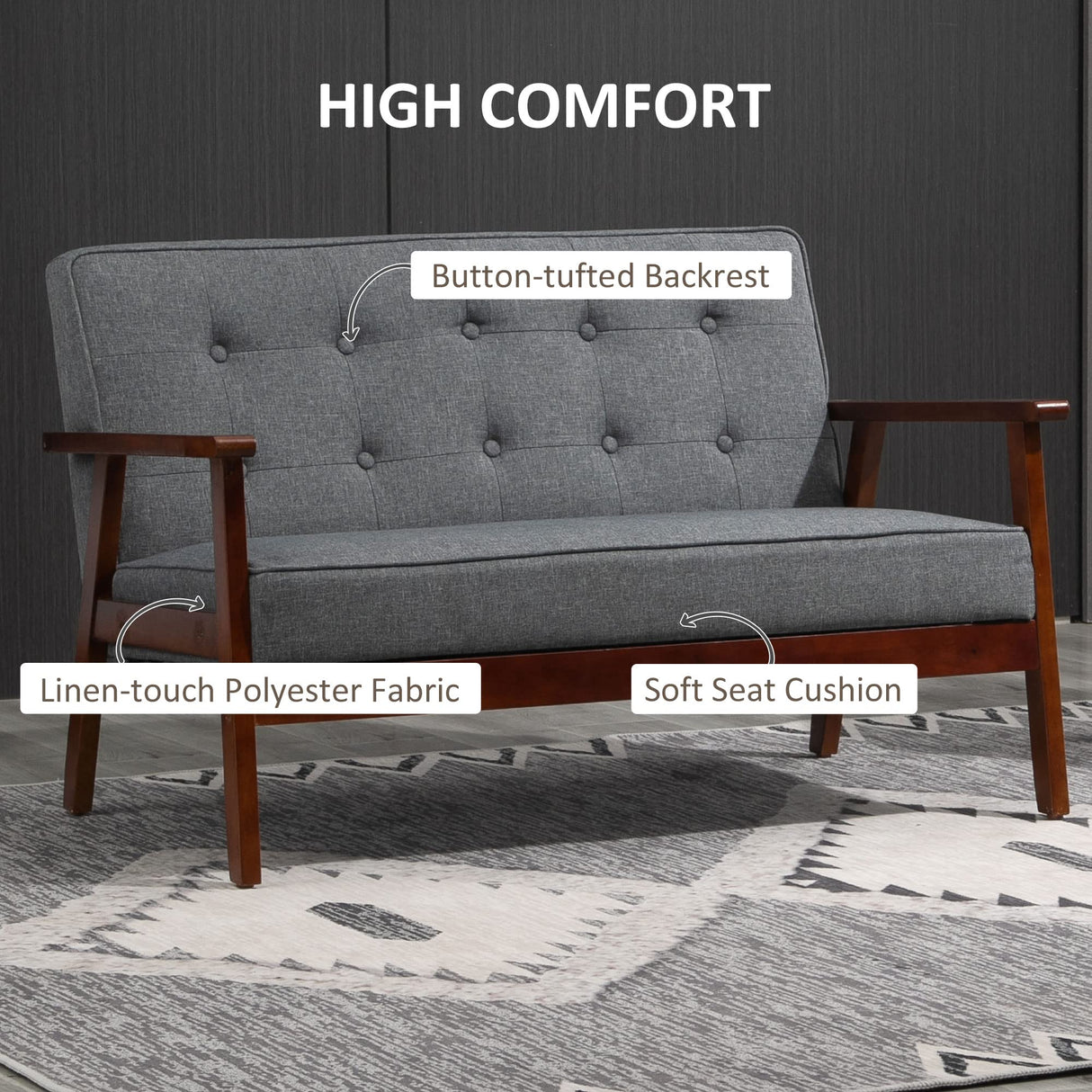 HOMCOM Modern Upholstered 2-Seat Loveseat Sofa with Linen-Touch Fabric and Rubberwood Legs, Grey HOMCOM