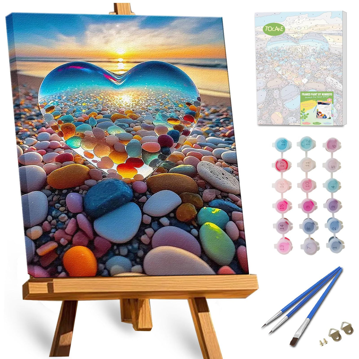TOCARE Framed Paint by Numbers Kit for Adults, 12x16Inch Crystal Heart Beach Paint by Numbers Kit for Adults Framed,Beach Paint by Number Framed Canvas Nature (Without Easel) TOCARE