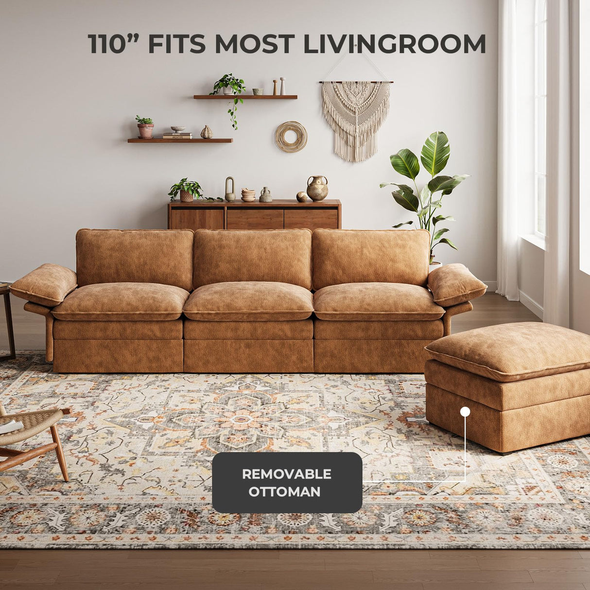 TROMIRY 110" Cloud Couch for Living Room Fluffy Comfy Couches for Apartment | 3 Seater Sectional Couch with Ottoman | Brown TROMIRY