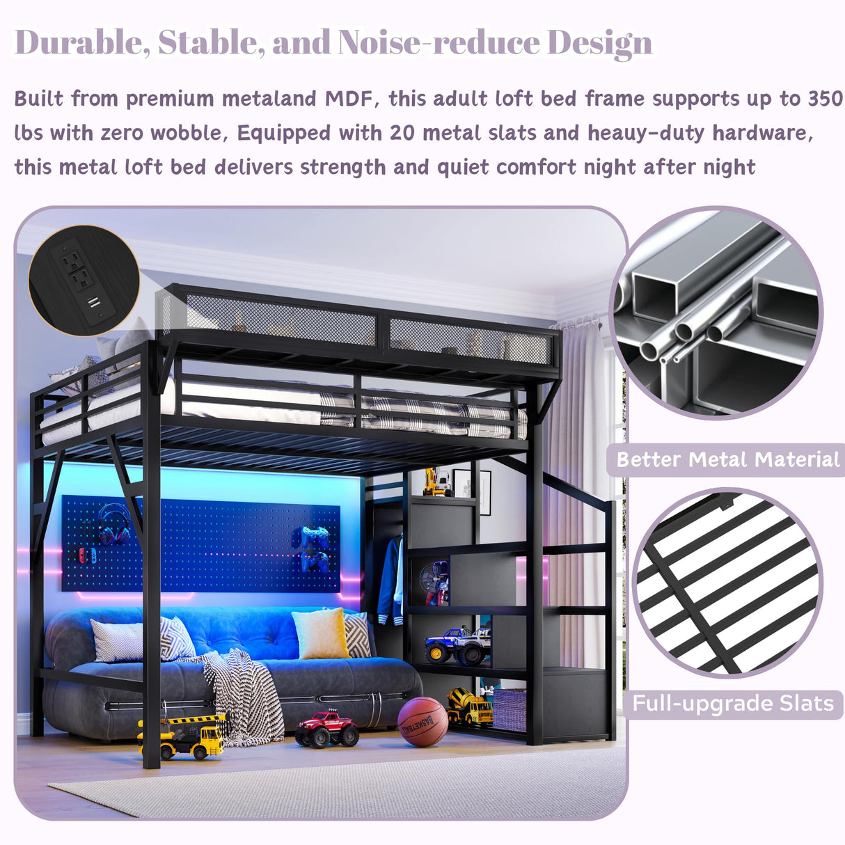 Queen Loft Beds with Storage Beside Shelves and Wardrobe, Metal Loft Bed Queen with LED Lights and USB Ports, Heavy-Duty Loft Bed Frame for Teens, Adults, Noise-Free & Space-Saving, Metal Black Bellemave