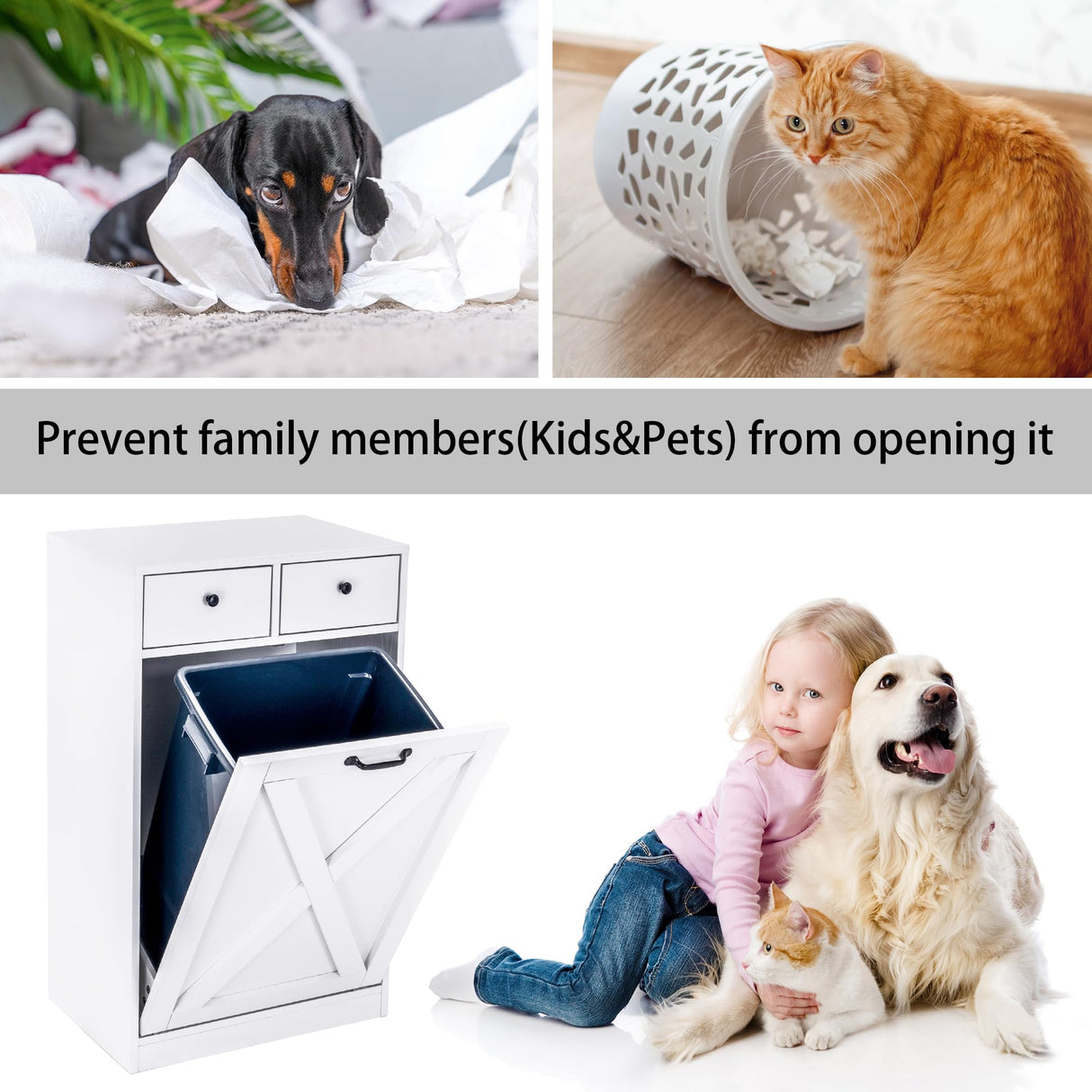 Zvyteay 13 Gallons Tilt Out Trash Can Cabinet, Wooden Trash Cabinet with 2 Drawers, Free Standing Kichen Waste Bin Recycling Cabinet Pet Proof Hidden Trash Cabinet for Kitchen (White) Zvyteay