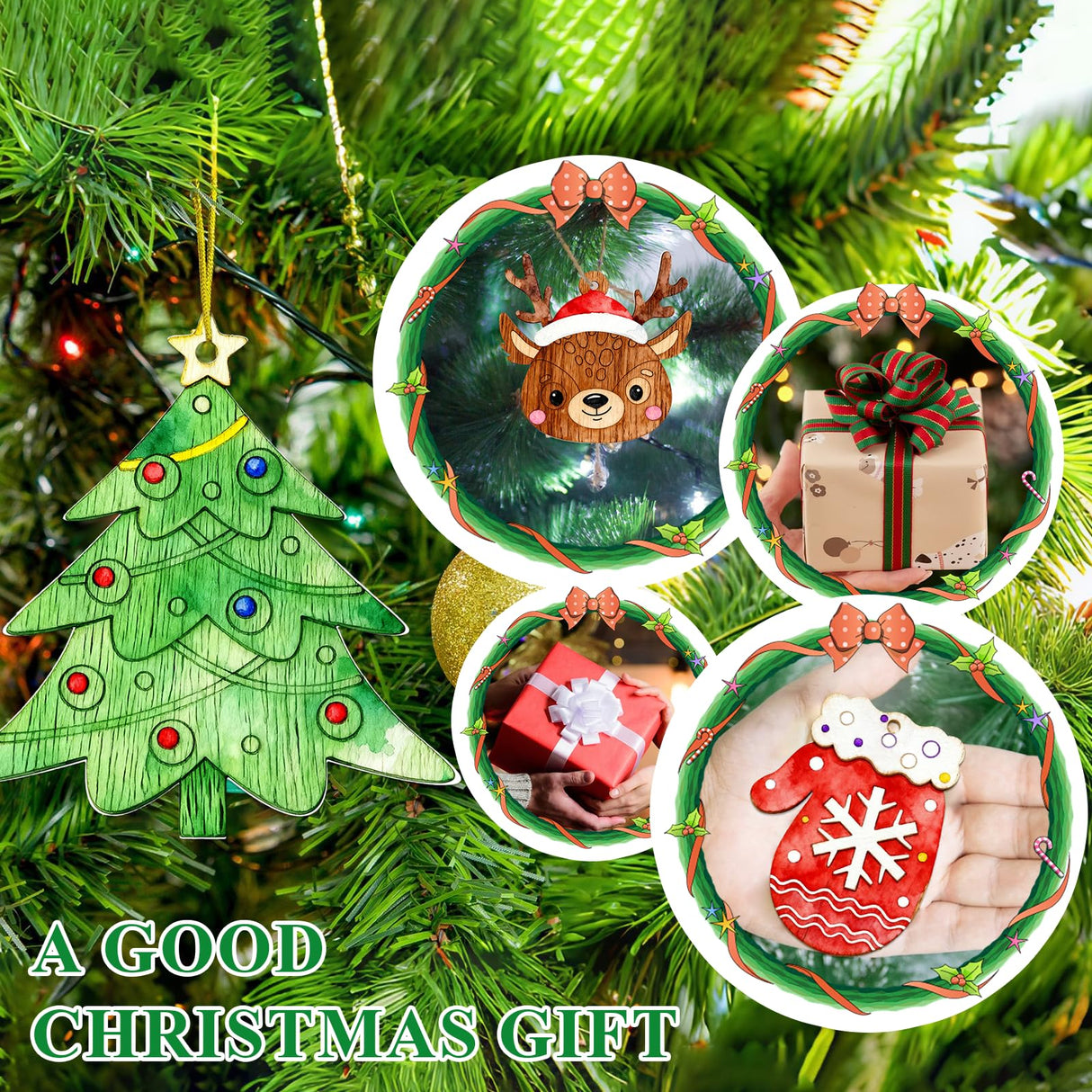 SPOKKI 108PCS Wooden Christmas Ornaments Unfinished to Paint, 12 Styles DIY Blank Wood Slices for Crafts, Christmas Tree Hanging Decorations, Holiday DIY Art Craft Kit for Kids and Adults SPOKKI