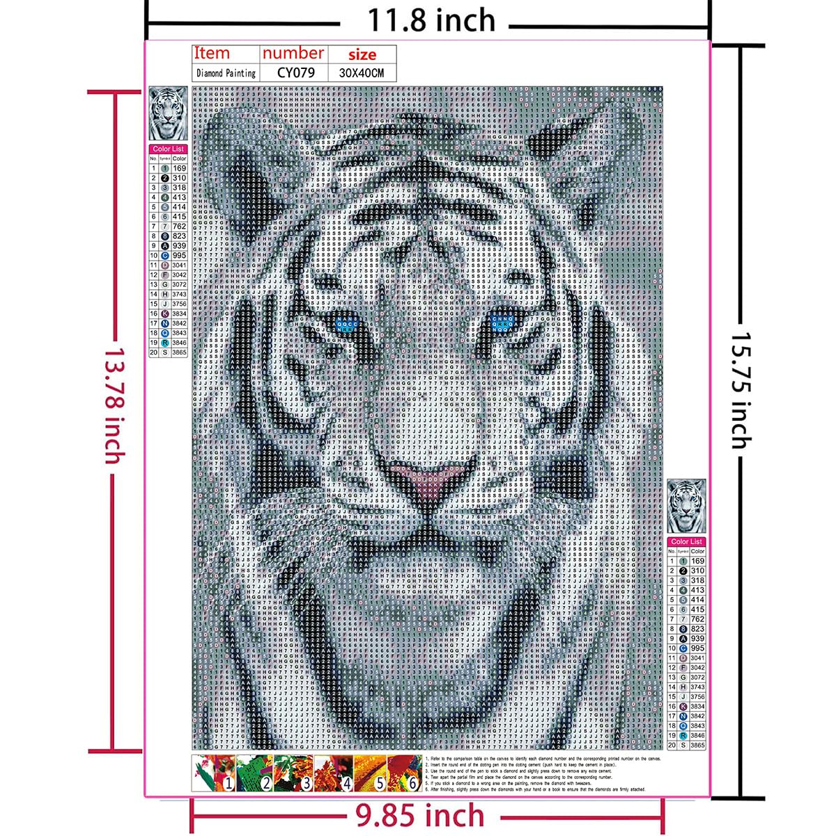 Amz Camel Diamond Painting Kit, 30x40cm White Tiger Portrait Wildlife Art, Round Drill DIY Craft for Adults, Majestic Animal Decor Gift Amz Camel