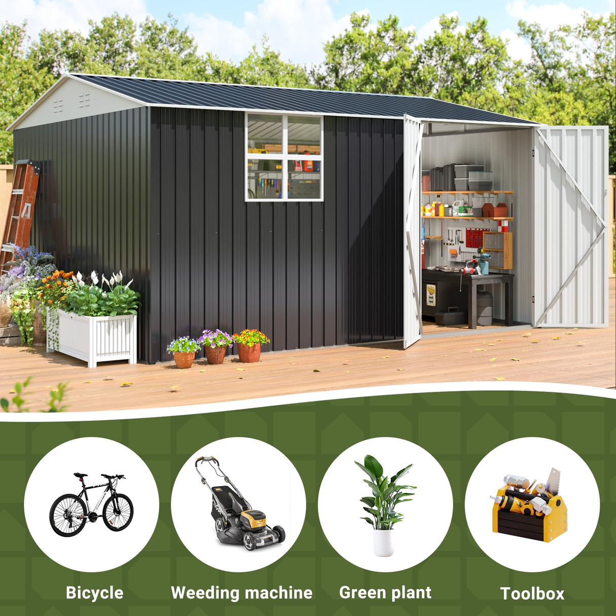 VIWAT 10X12 FT Outdoor Storage Shed, Metal Garden Shed with Updated Lockable Doors and Frame Structure, Large Tool Sheds for Backyard Garden Patio Lawn,Black VIWAT