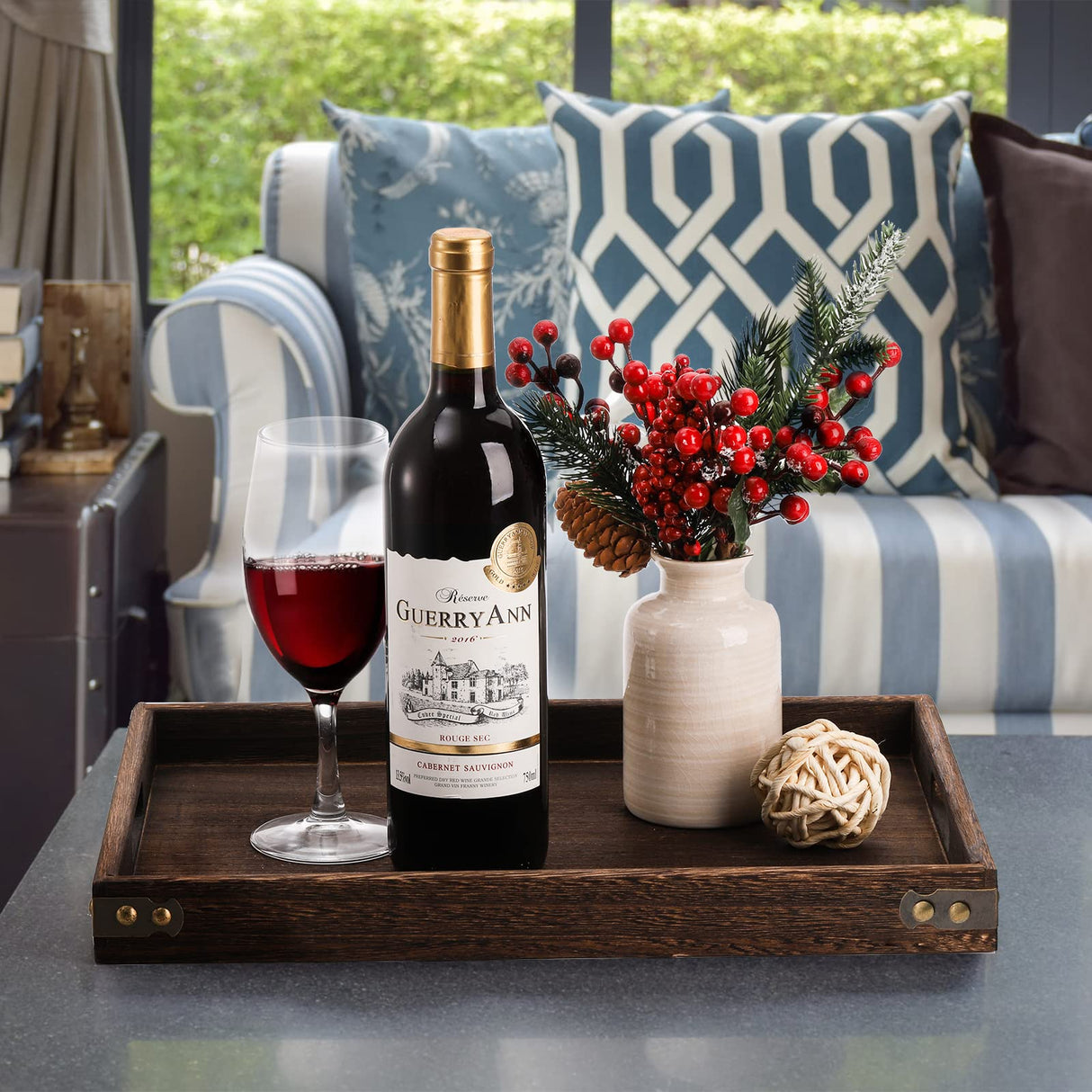 TOPZEA 3 Pack Rustic Wood Serving Tray with Handle, Farmhouse Wooden Coffee Table Tray Rectangular Kitchen Food Breakfast Tray Decorative Ottoman Tray for Coffee, Tea, Table Centerpieces Decor TOPZEA