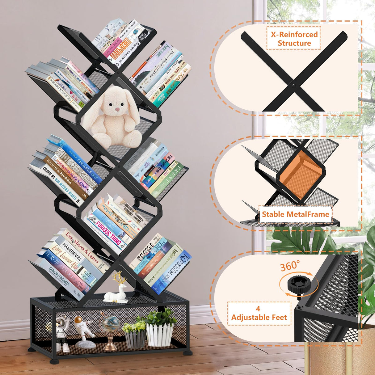 Onadak 9 Tier Folding Tree Bookshelf, Tall Bookcase with Storage Cabinet, Modern Narrow Bookshelves Organizer, Floor Standing Book Shelf for Bedroom/Living Room/Home Office/Corner (Black) Onadak