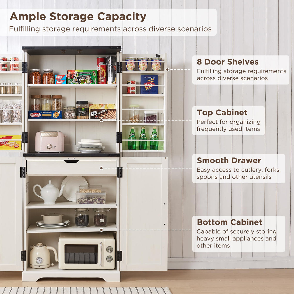 ACCOHOHO 72" Tall Kitchen Pantry, Farmhouse Storage Cabinet with Barn Doors, Organizer, Drawer and Adjustable Shelves, Rustic Wood Cupboard for Kitchen, Dining Room, Bathroom, Off White ACCOHOHO