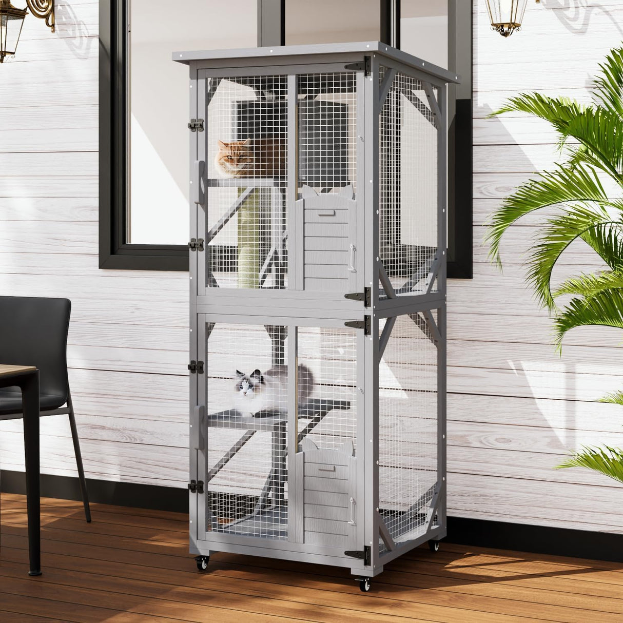 LEMBERI 71" Cat House Outdoor Catio Cat Enclosures on Wheels, Large Outside Patio Wooden Cat Cage Resting Box,Scratching Post, Waterproof Roof (Gray) LEMBERI
