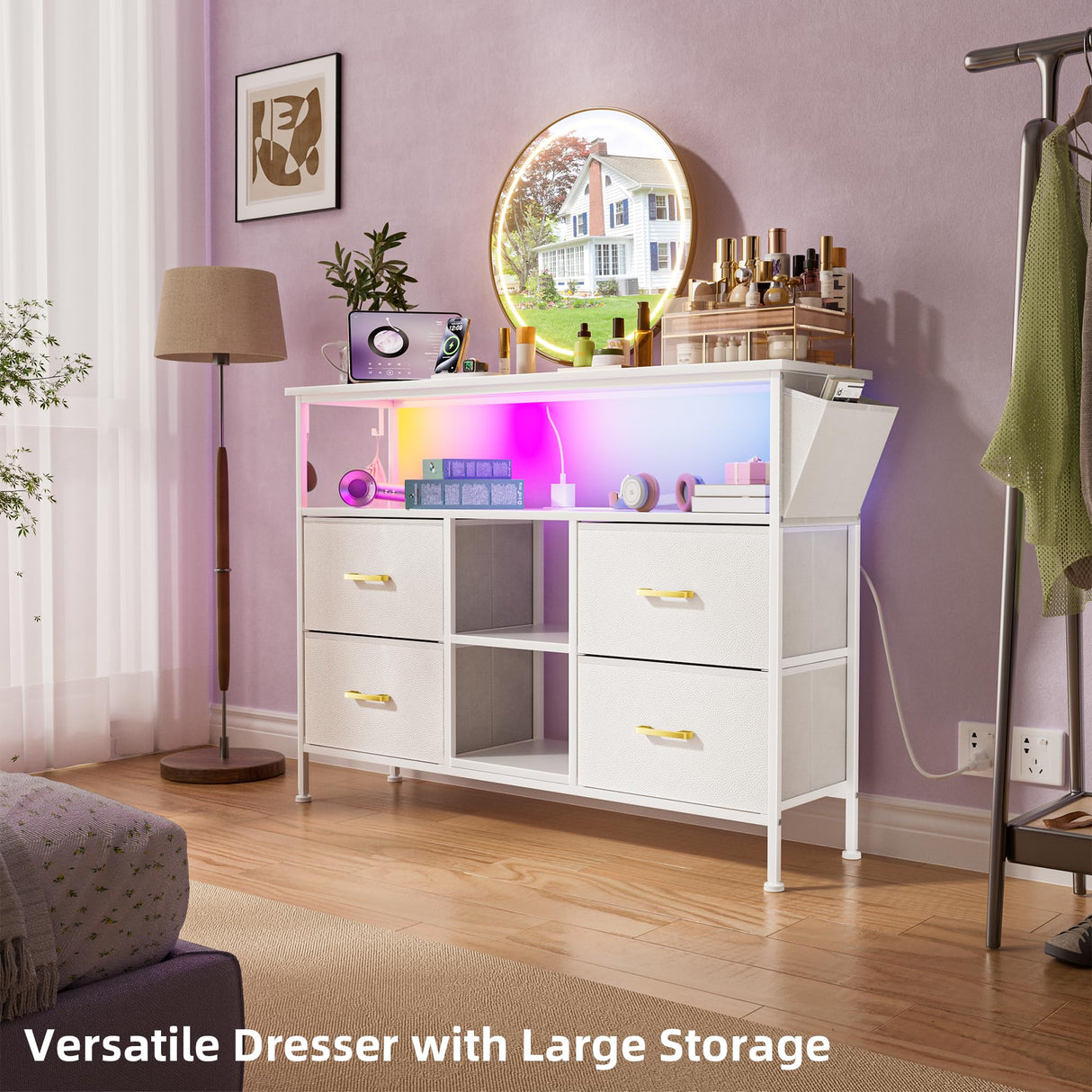 YILQQPER LED TV Stand with Power Outlet for Living Room, TV Media Console for TVs 50 Inch, Modern Dresser TV Stand with 4 Fabric Drawers & Shelves, Media Entertainment Center for Bedroom, White YILQQPER