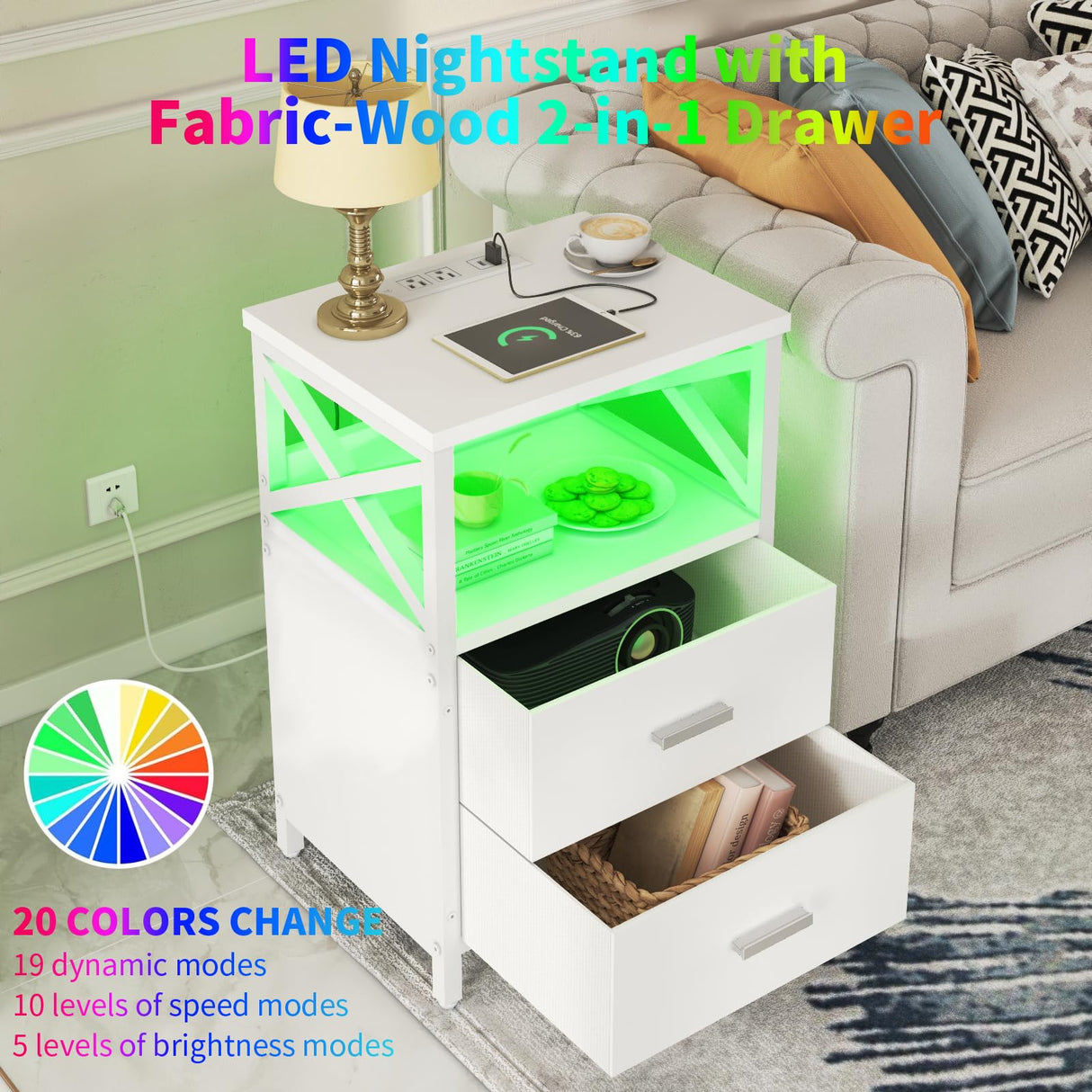 HDDDZSW LED Nightstand with Charging Station, Side Table with USB Ports and Outlets, End Table for Small Spaces, White Bedside Tables with Fabric-Wood 2-in-1 Drawer for Bedroom, Living Room, Office HDDDZSW