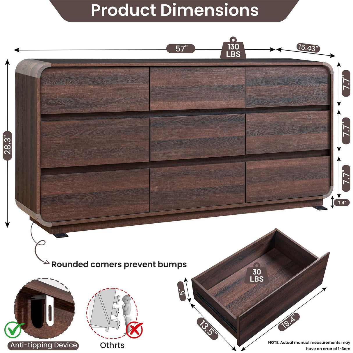 Standifurno 9 Drawer Double Dresser for Bedroom, Modern Curved Wood Chest Drawers of Handleless, Large Storage Dresser Bedroom, Living Room, Entryway, Walnut Standifurno