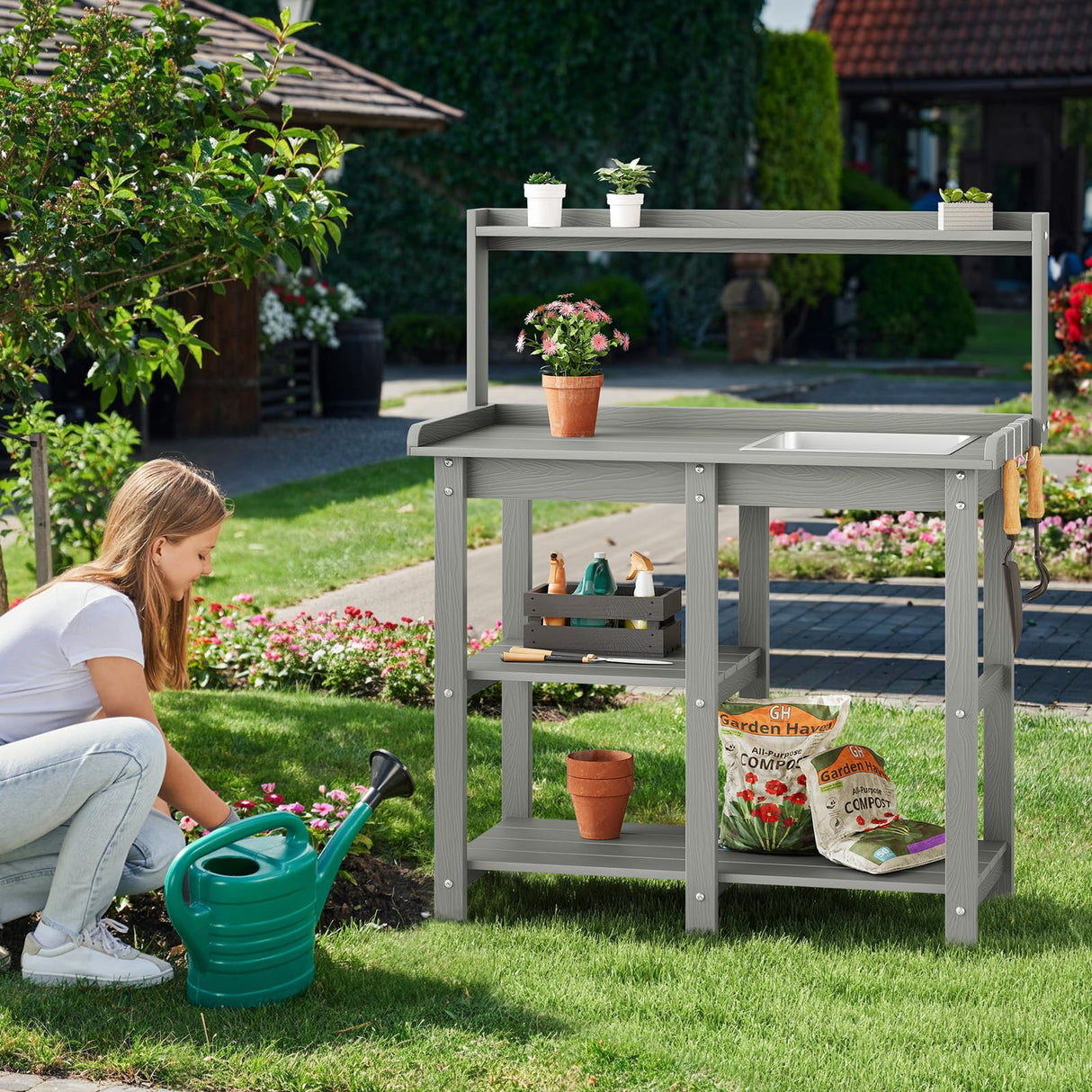 ONBRILL Potting Bench, Outdoor Potting Bench Table with Removable Sink, HDPS Potting Benches for Outside, Garden Table with Storage Shelves & 4 Side Hooks, No Rot, No Fade, No Break, 360lbs Capacity ONBRILL