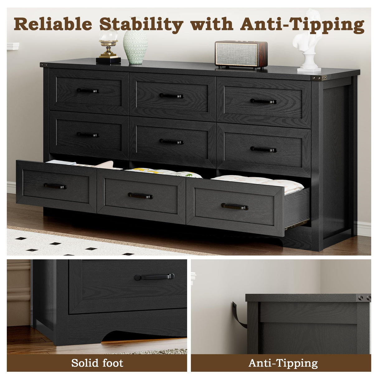 BORNOON 9-Drawer Dresser for Bedroom, Modern Wooden Chest of Drawers with Metal Handles, Anti-Tipping Design, Sturdy and Stable Storage Organizer for Living Room, Entryway, Home Office BORNOON